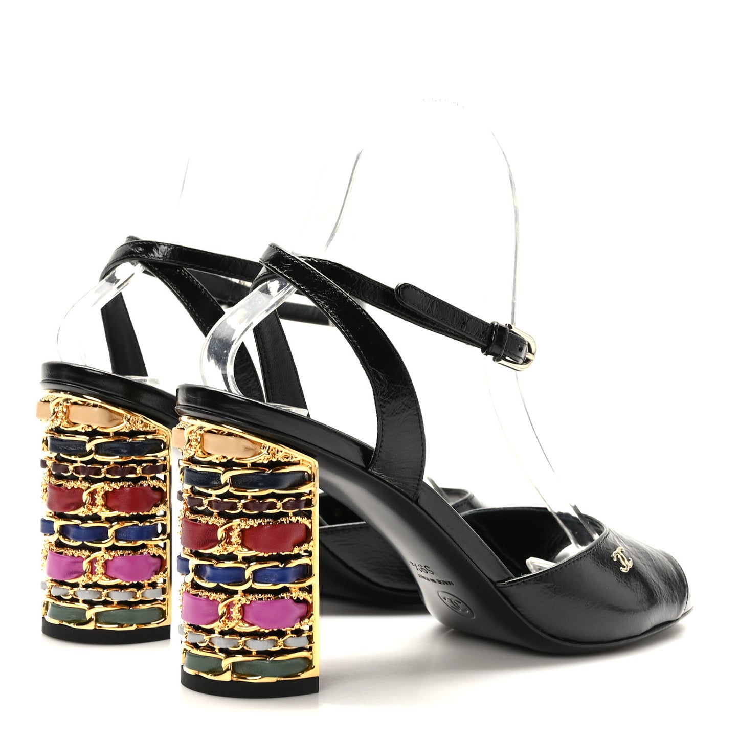 Shiny Calfskin Metal CC Chain Sandals 39.5 Black Multicolor