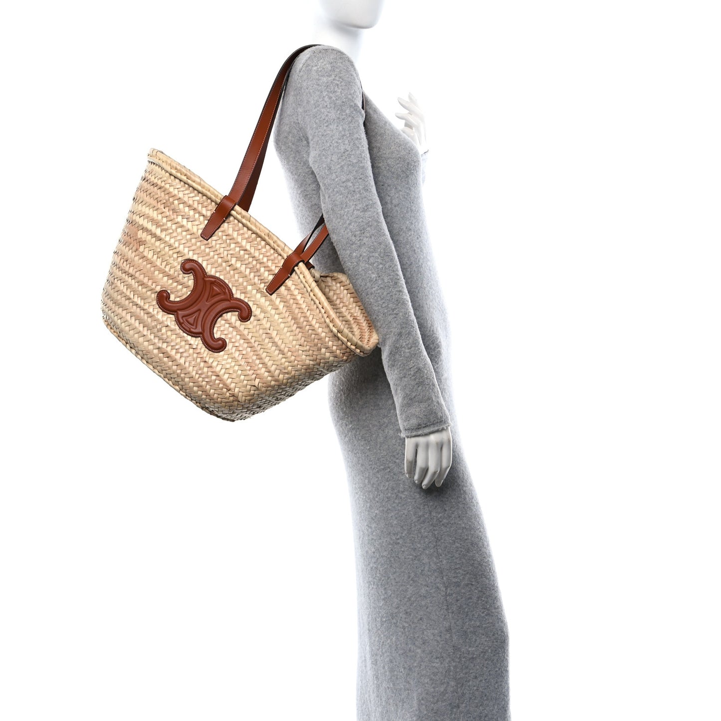 Raffia Calfskin Triomphe Medium Panier Tan