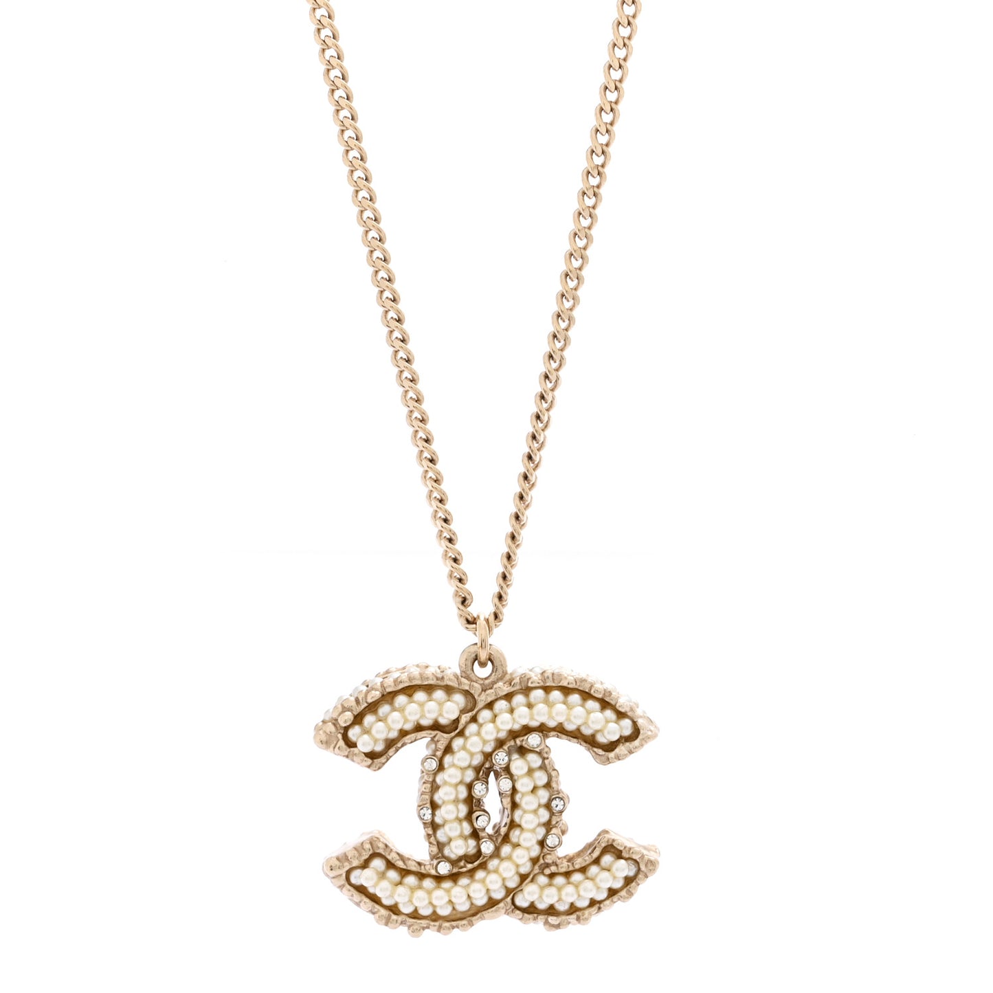 Crystal Pearl CC Pendant Necklace Gold