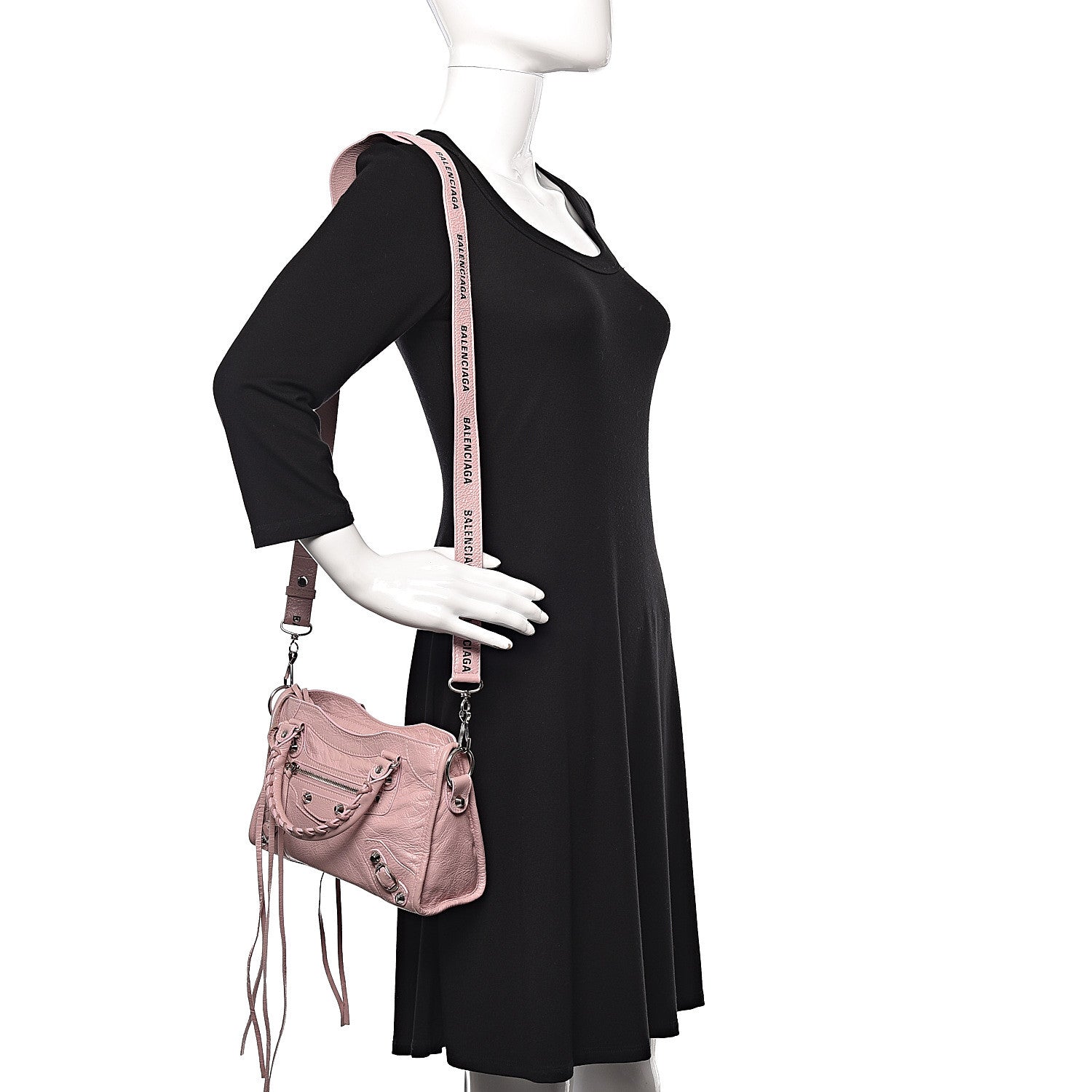 Balenciaga Agneau Classic Silver Hardware Mini City Logo Strap Pale Rose Black 2 of 9