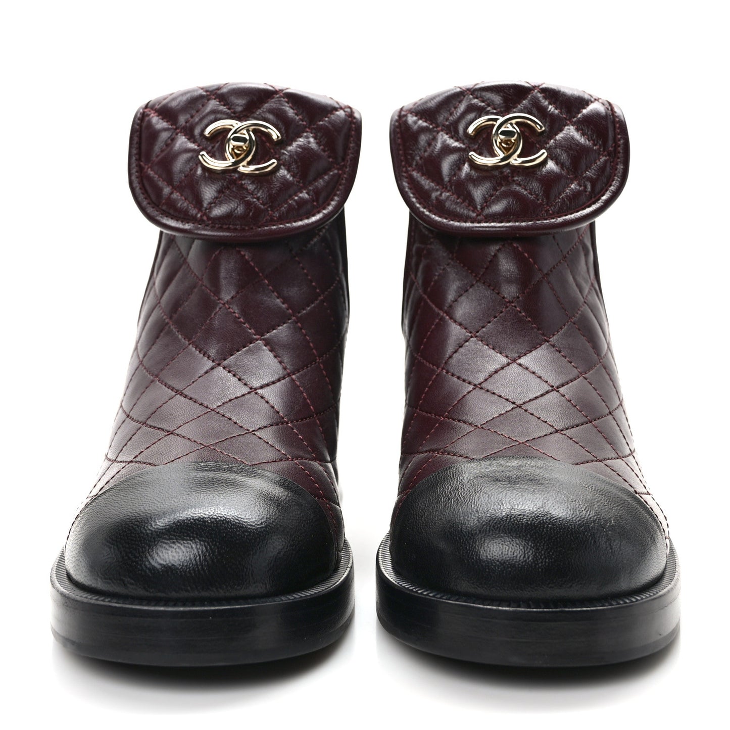 Lambskin Quilted Cap Toe CC Turnlock Booties 41 Burgundy Black