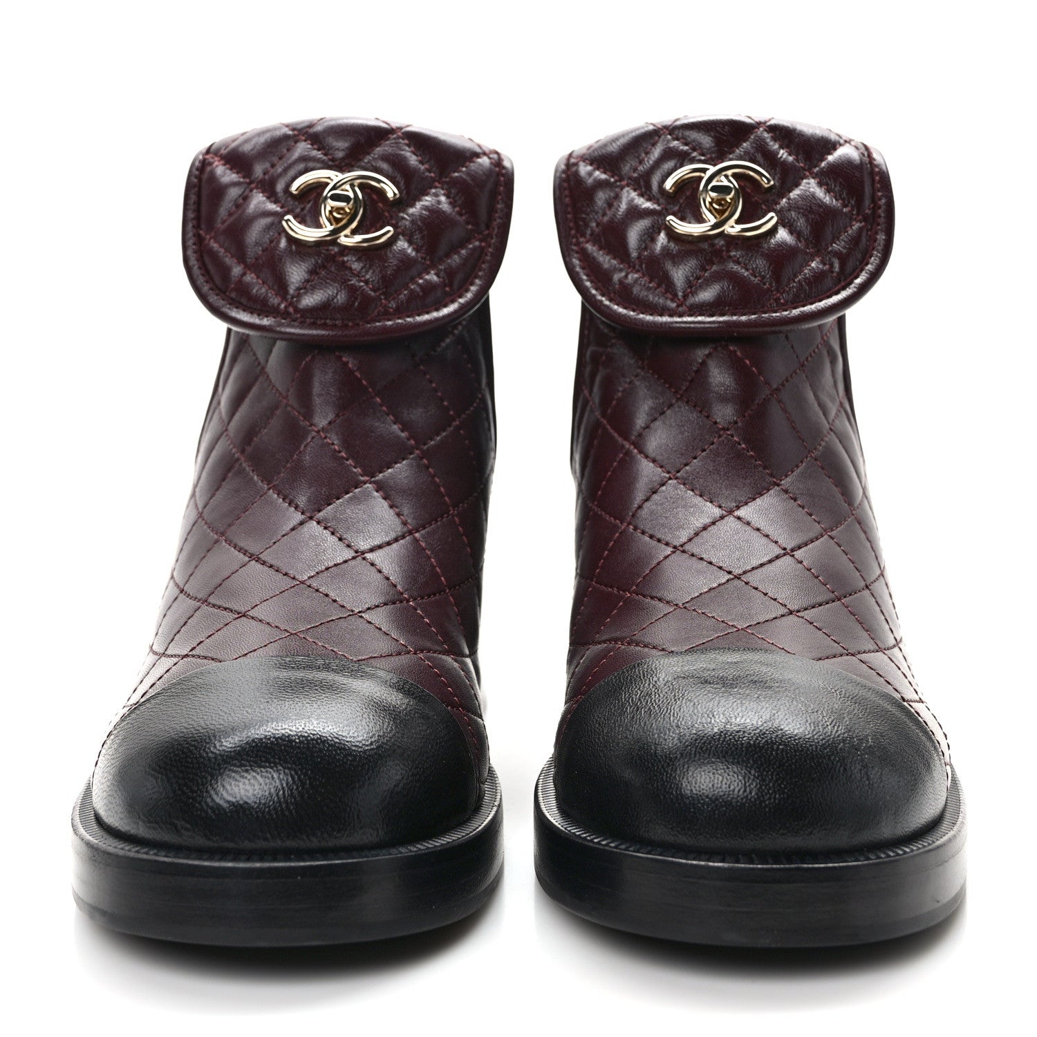 Chanel Lambskin Quilted Cap Toe CC Turnlock Booties 41 Burgundy Black 2 of 8