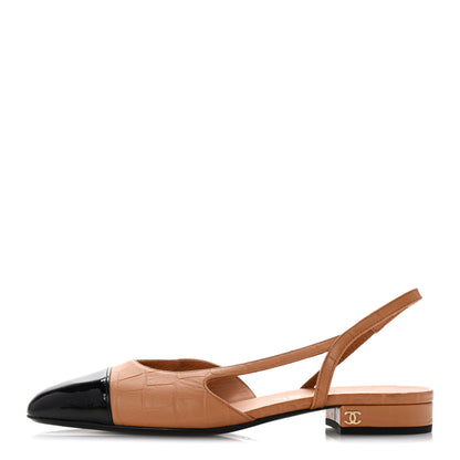 Chanel Calfskin Crocodile Embossed Patent Cap Toe CC Slingback Flats 37 Light Brown Black 1 of 10