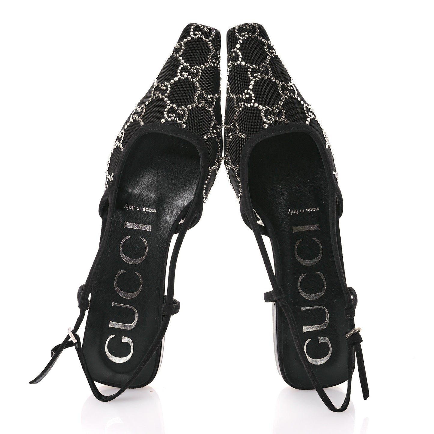 Tela Retino Kid Scamosciato Crystal GG Monogram Square G Slingback Flat 37 Black