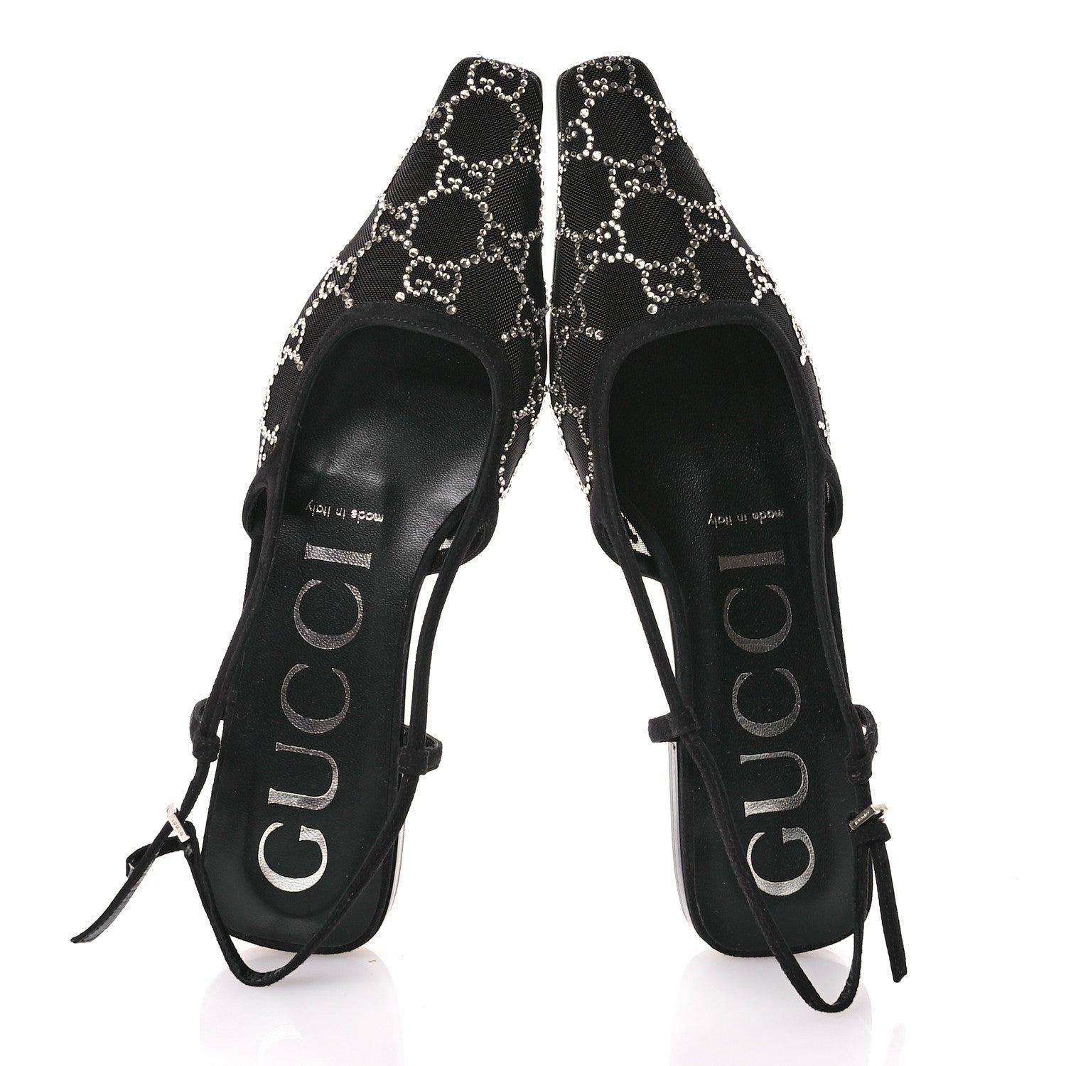 Gucci Tela Retino Kid Scamosciato Crystal GG Monogram Square G Slingback Flat 37 Black 2 of 10