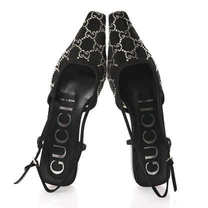 Gucci Tela Retino Kid Scamosciato Crystal GG Monogram Square G Slingback Flat 37 Black 2 of 10