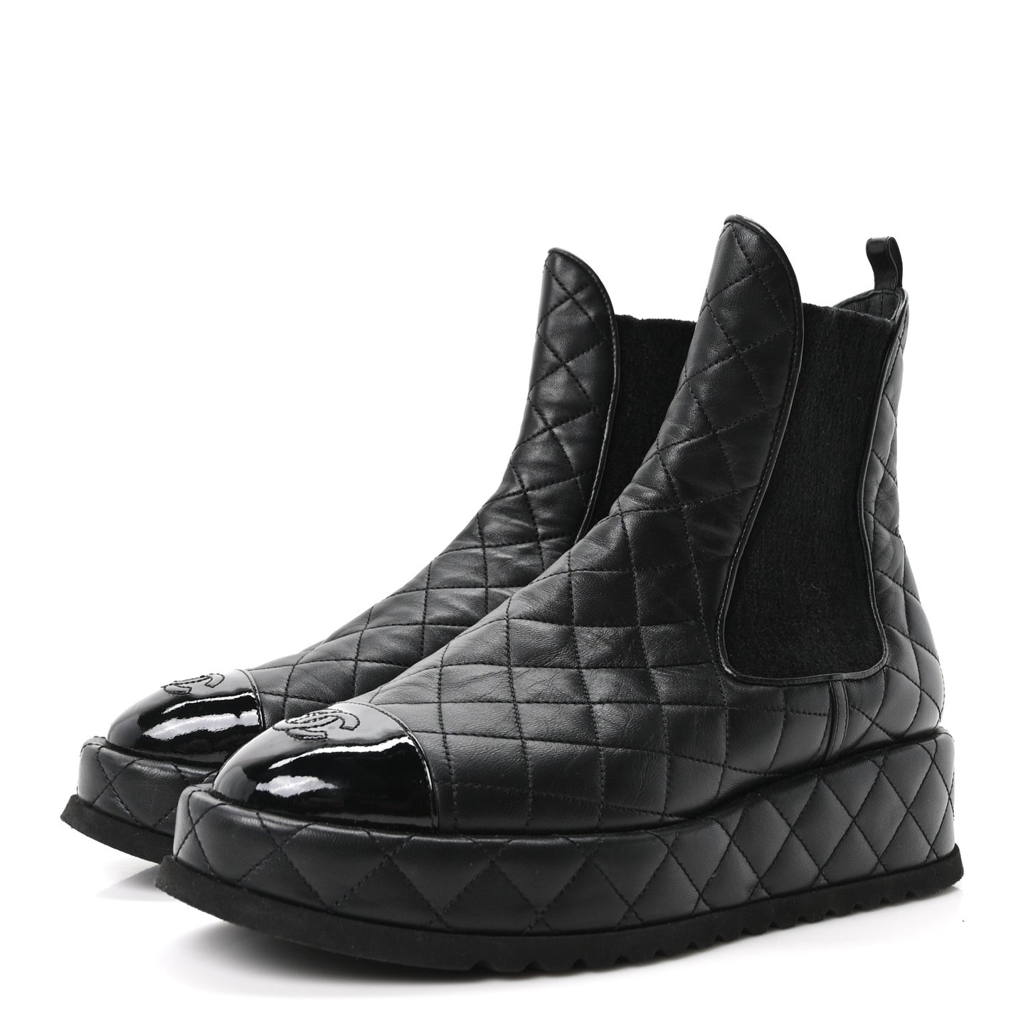 Lambskin Patent CC Cap Toe Quilted Short Platform Boots 39 Black
