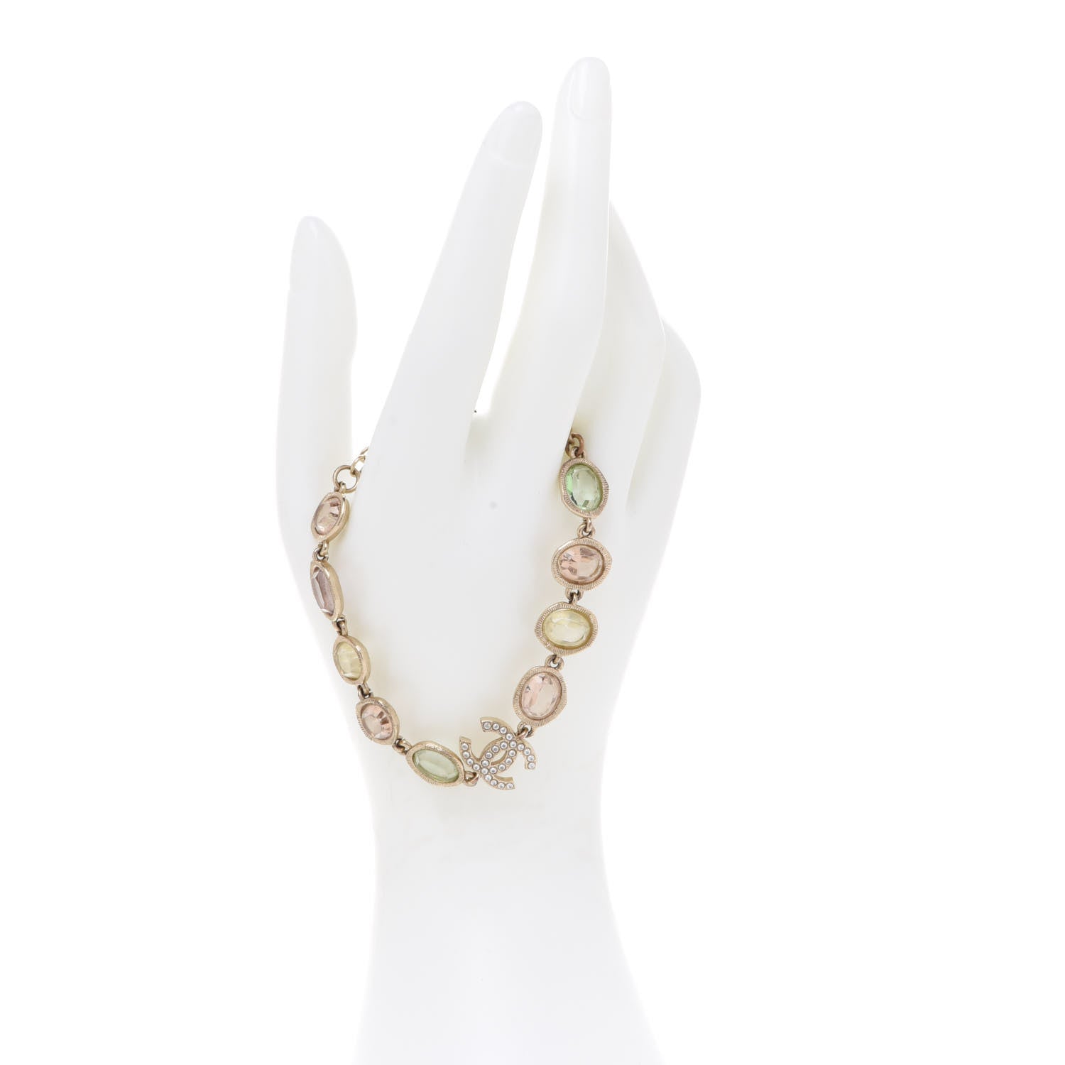 Chanel Metal Glass Crystal Strass Pearl CC Chain Bracelet Gold Multicolor Pearly White 2 of 5