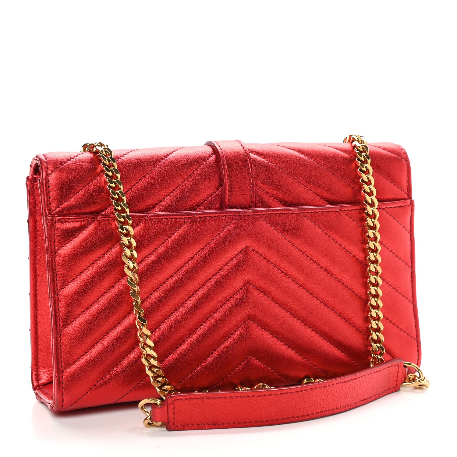 Saint Laurent Metallic Matelasse Chevron Small Monogram Chain Shoulder Bag Red 3 of 8