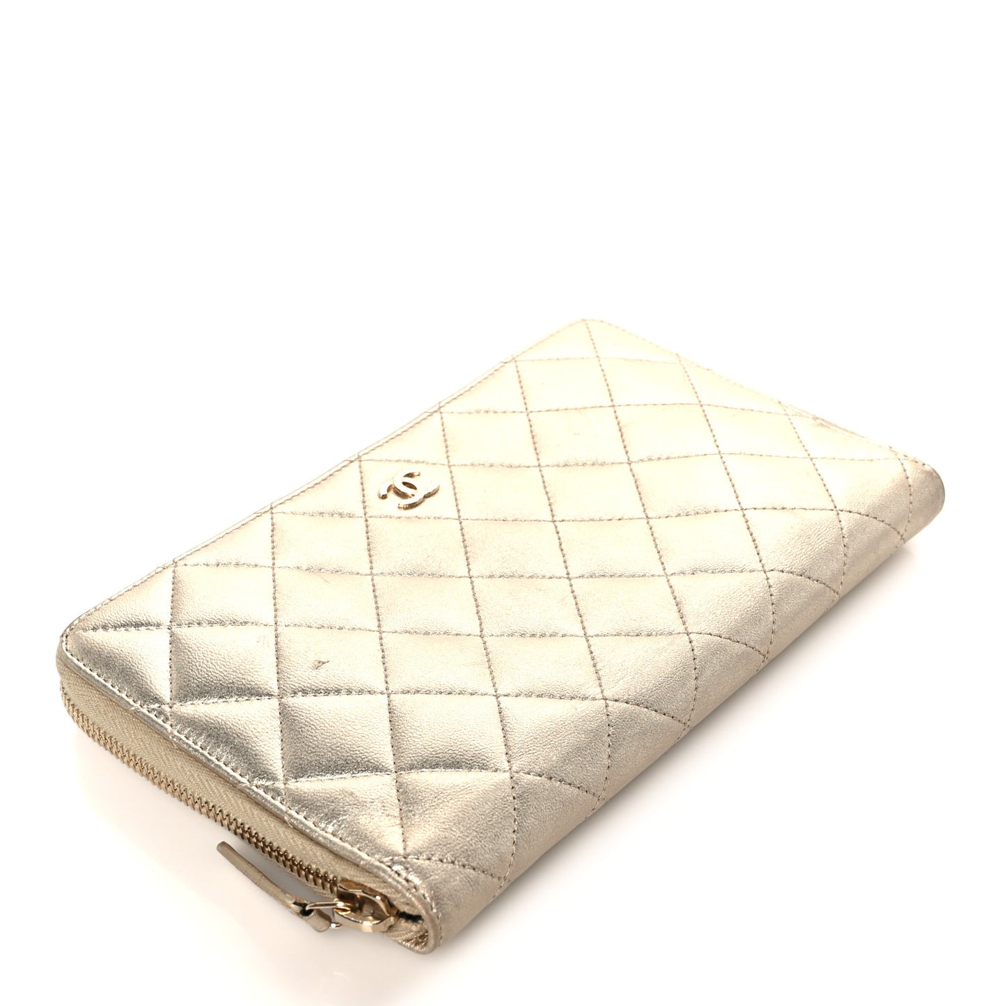 Iridescent Lambskin Quilted Large Zip Around Organizer Wallet Light Gold