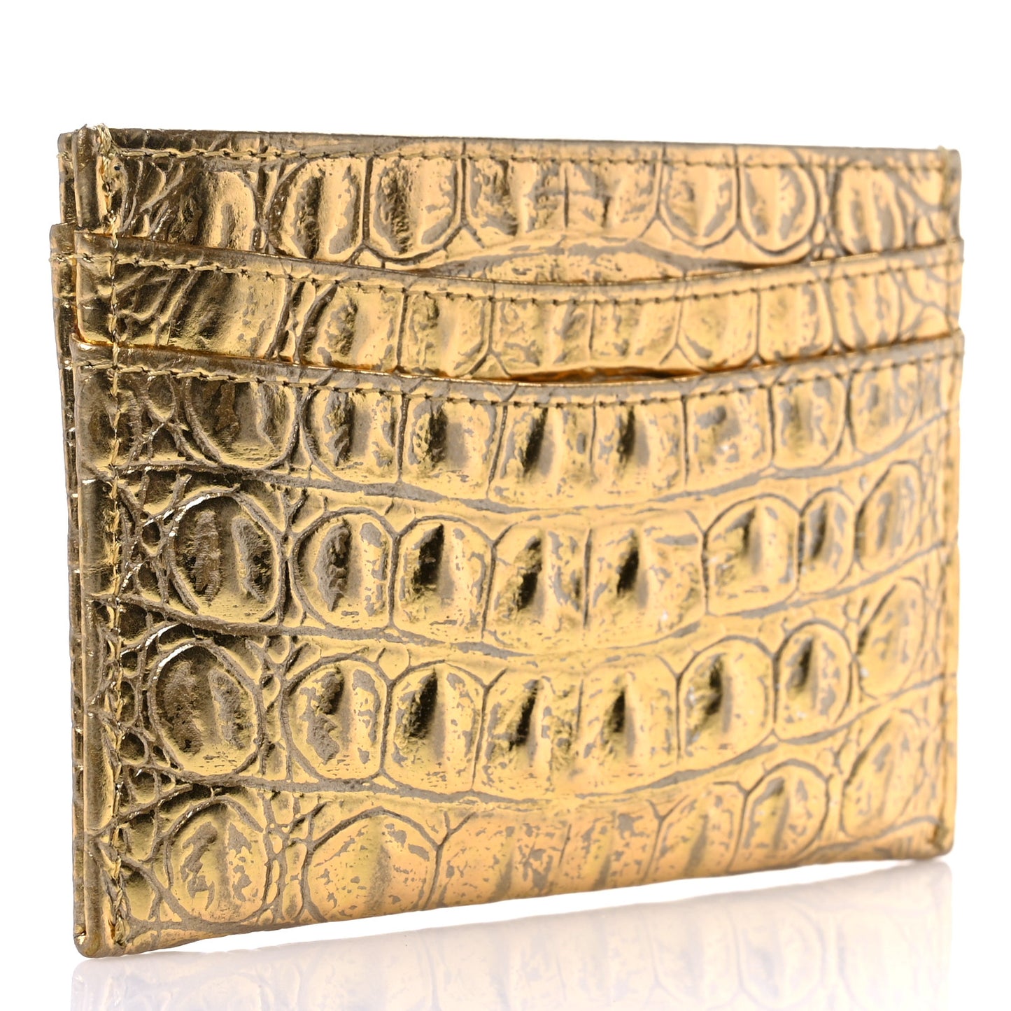 Metallic Calfskin Crocodile Embossed Cocodile Card Holder Gold