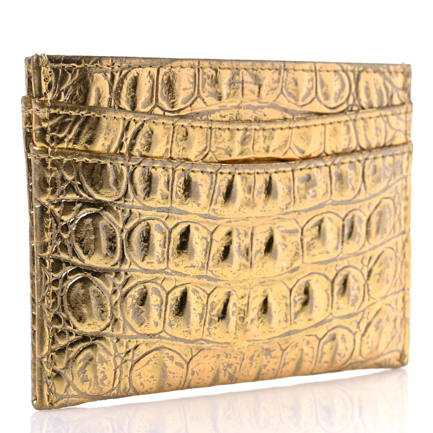 Chanel Metallic Calfskin Crocodile Embossed Cocodile Card Holder Gold 3 of 9