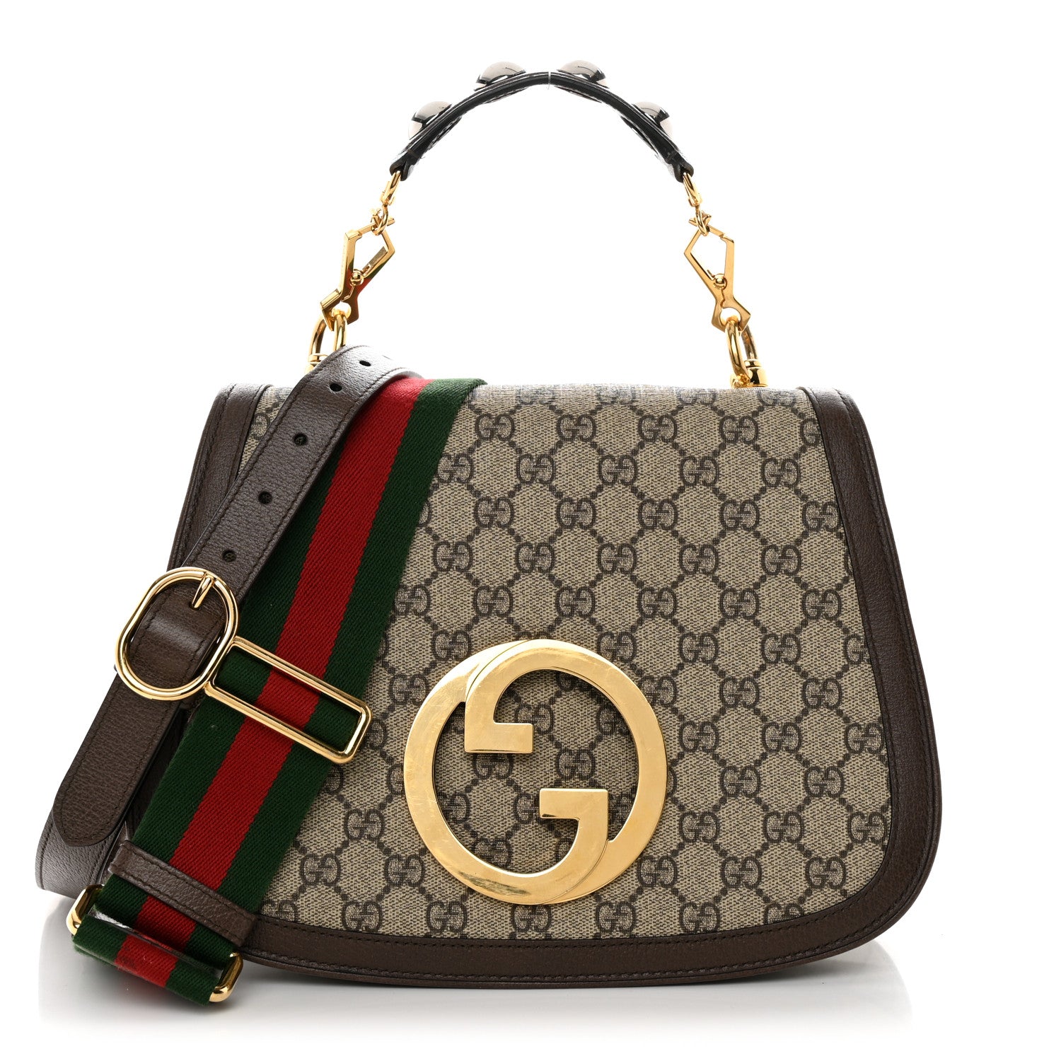 Gucci GG Supreme Monogram Textured Dollar Calfskin Web Medium Blondie Top Handle Shoulder Flap Bag Beige Ebony New Acero 1 of 15