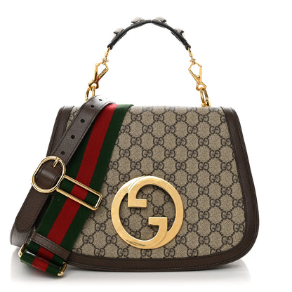 Gucci GG Supreme Monogram Textured Dollar Calfskin Web Medium Blondie Top Handle Shoulder Flap Bag Beige Ebony New Acero 1 of 15