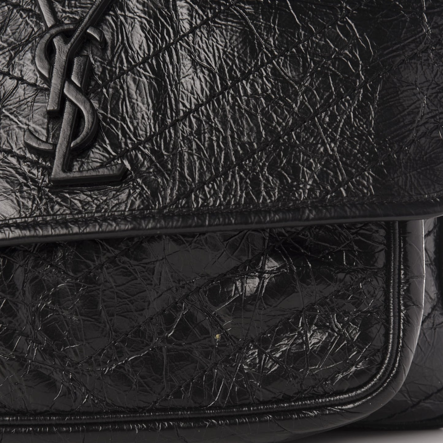 Crinkled Calfskin Matelasse Monogram Medium Niki Chain Satchel Black