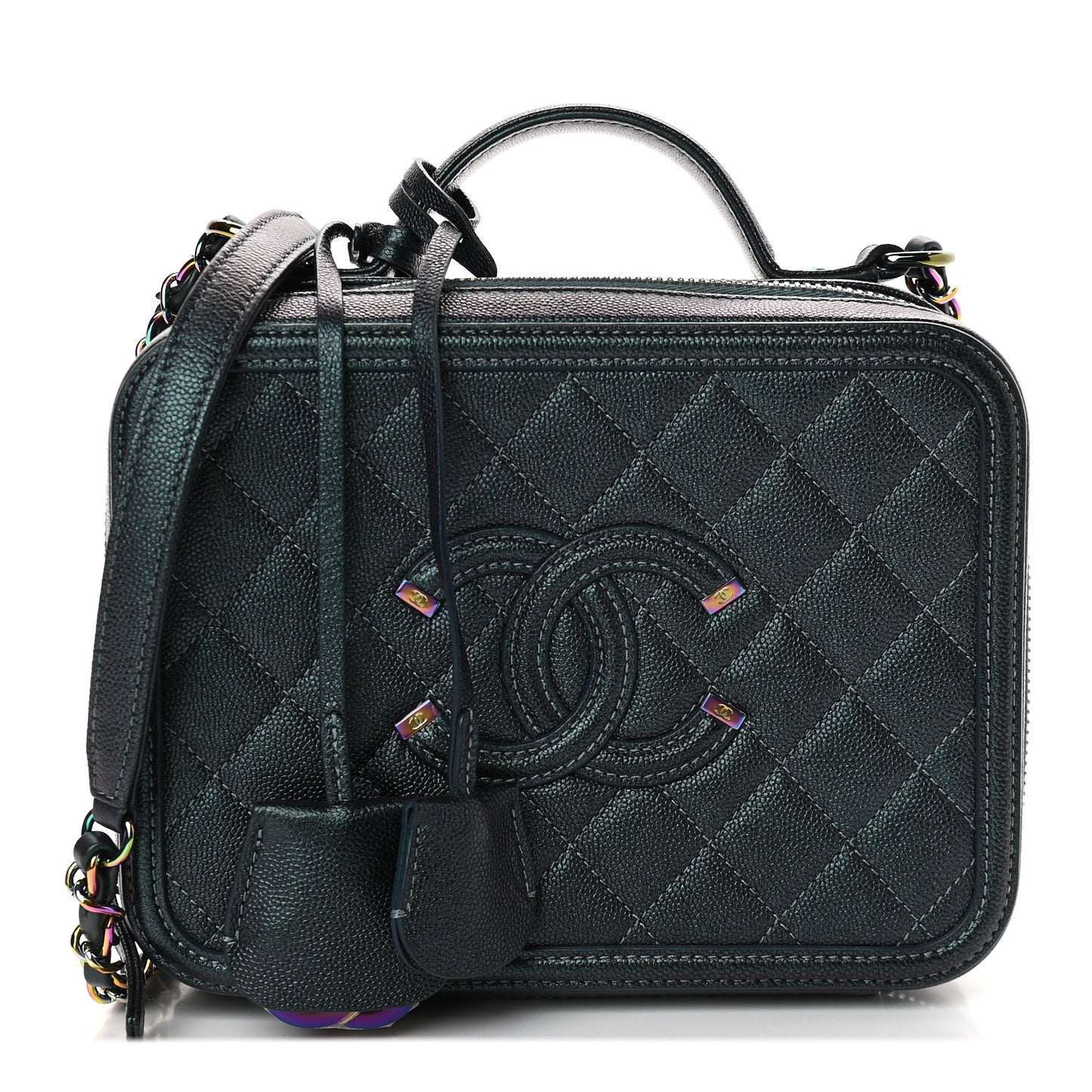 Iridescent Caviar Quilted Medium CC Filigree Vanity Case Dark Turquoise