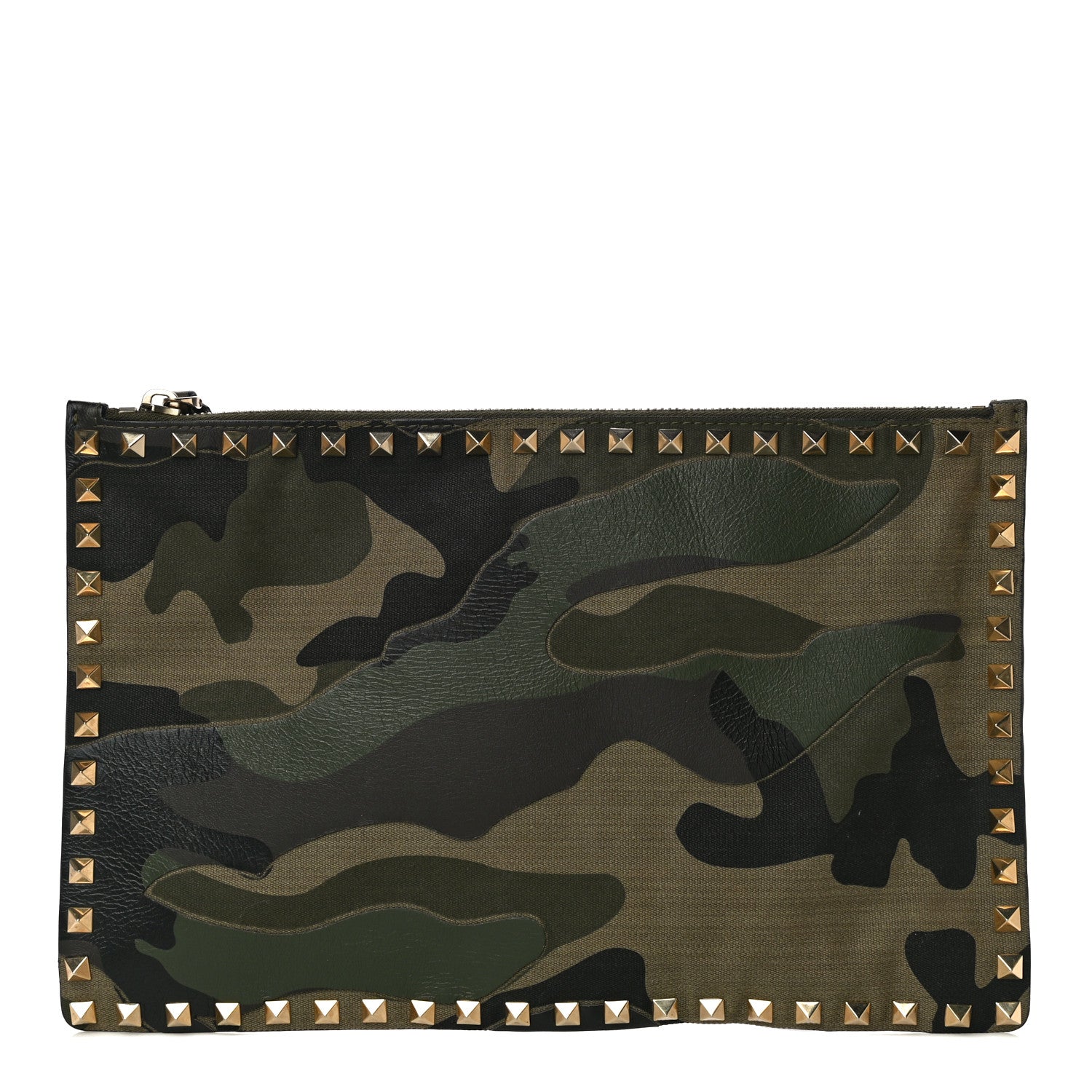 Valentino Garavani Nappa Canvas Camouflage Large Rockstud Zip Pouch Green 1 of 9