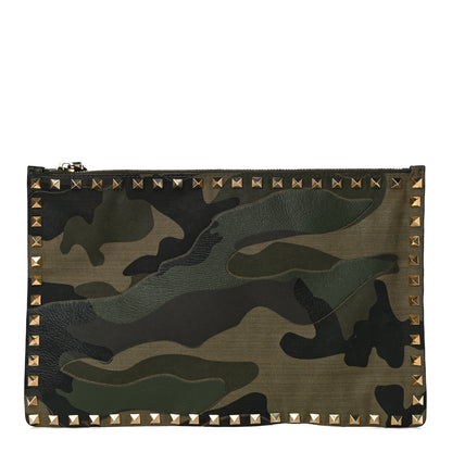 Valentino Garavani Nappa Canvas Camouflage Large Rockstud Zip Pouch Green 1 of 9