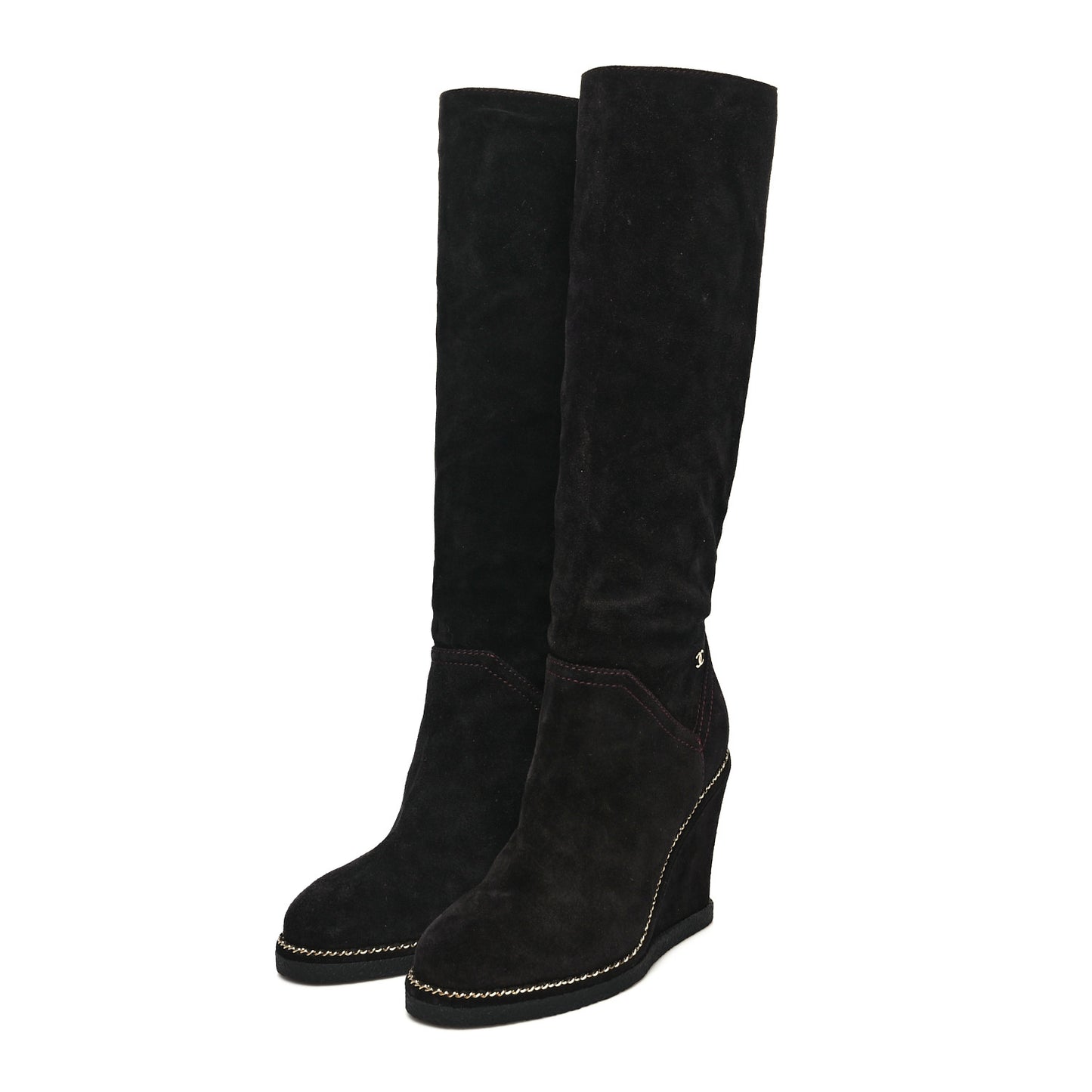 Suede Calfskin Chain Around High Boots 37.5 Black