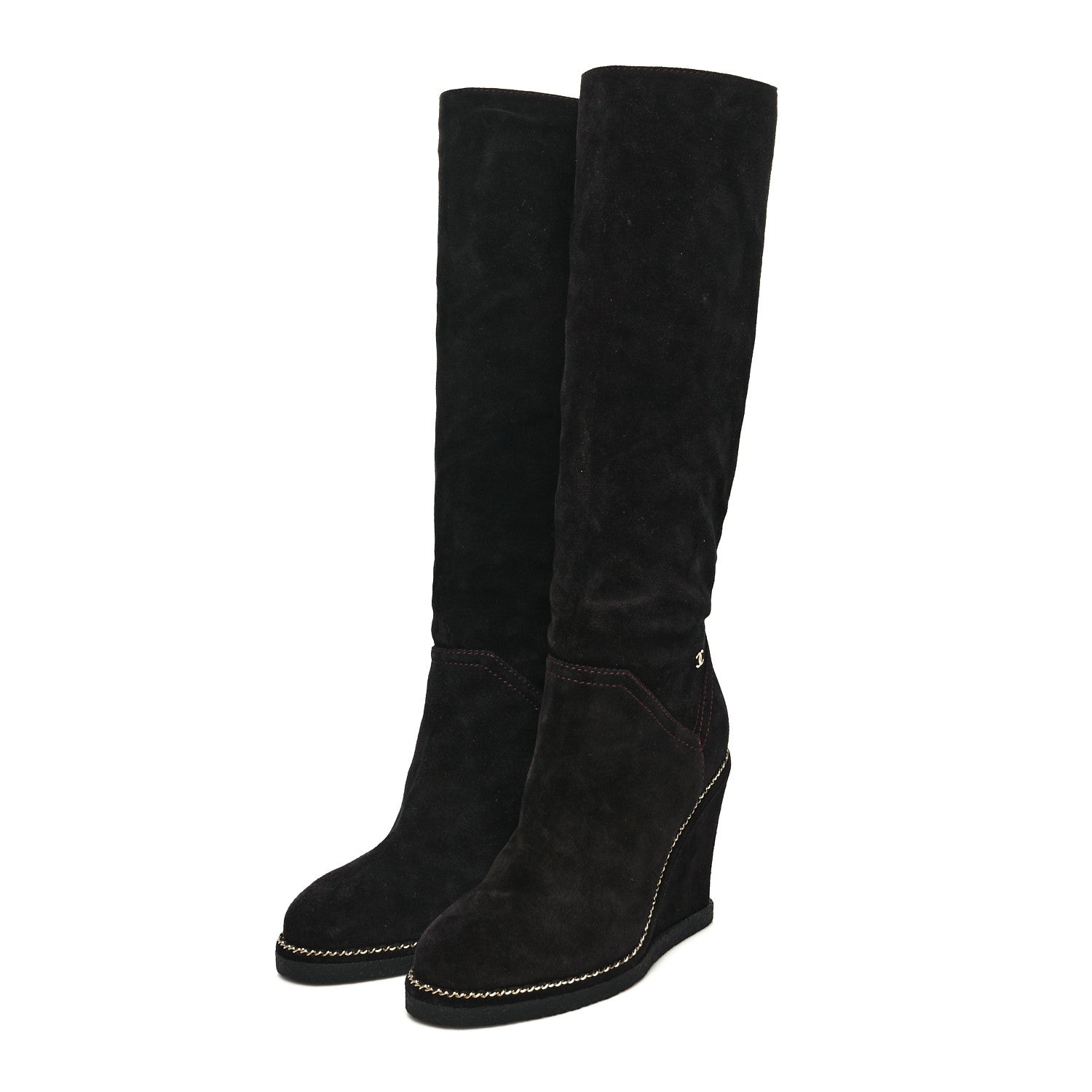 Chanel Suede Calfskin Chain Around High Boots 37.5 Black 3 of 6