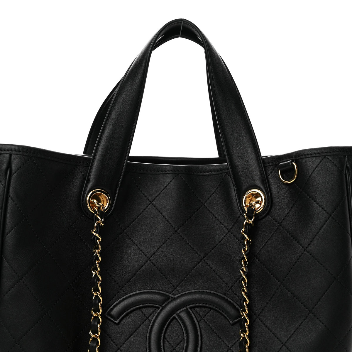 Calfskin Quilted Large CC Shopping Bag Black
