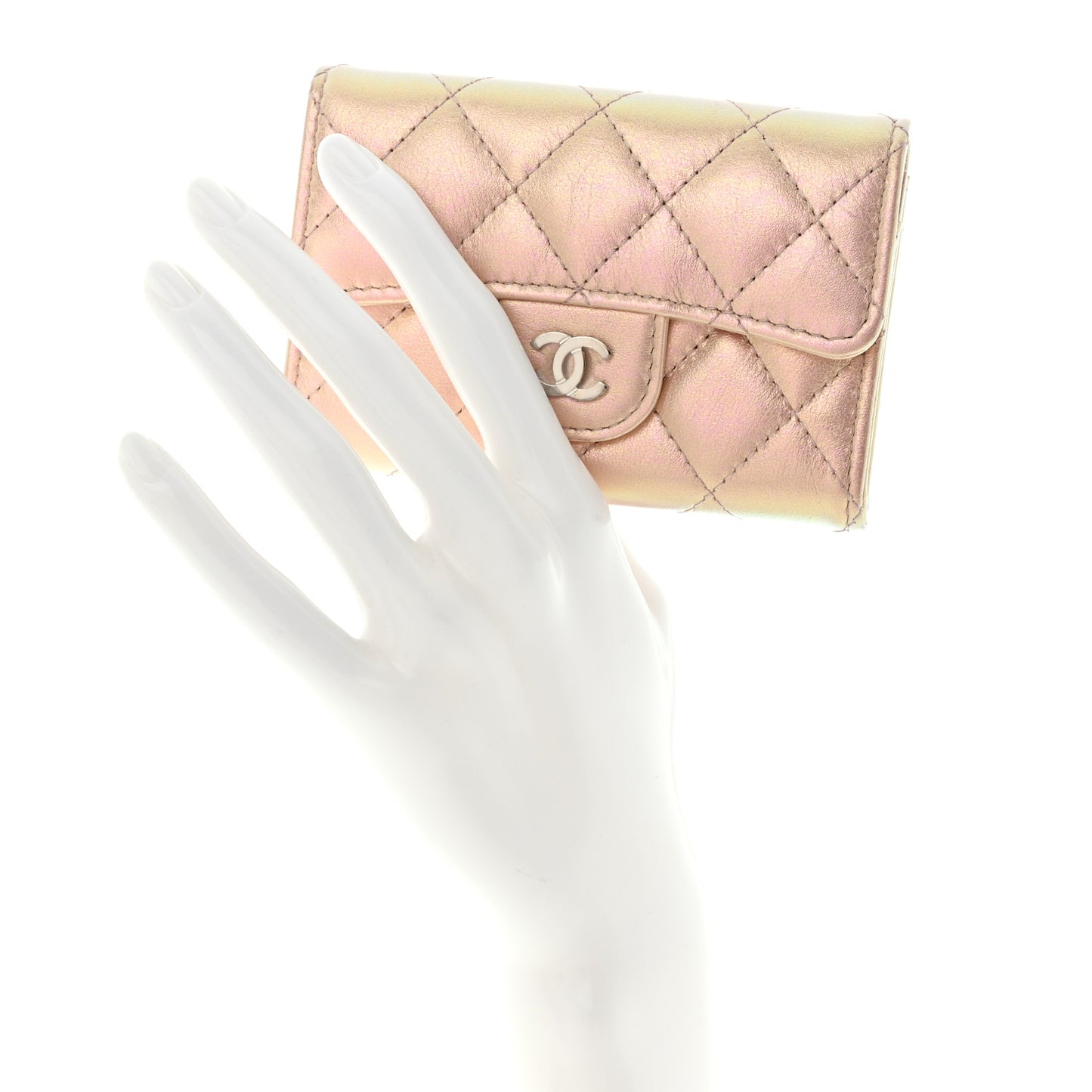 Iridescent Calfskin Quilted Flap Card Holder Wallet Pink