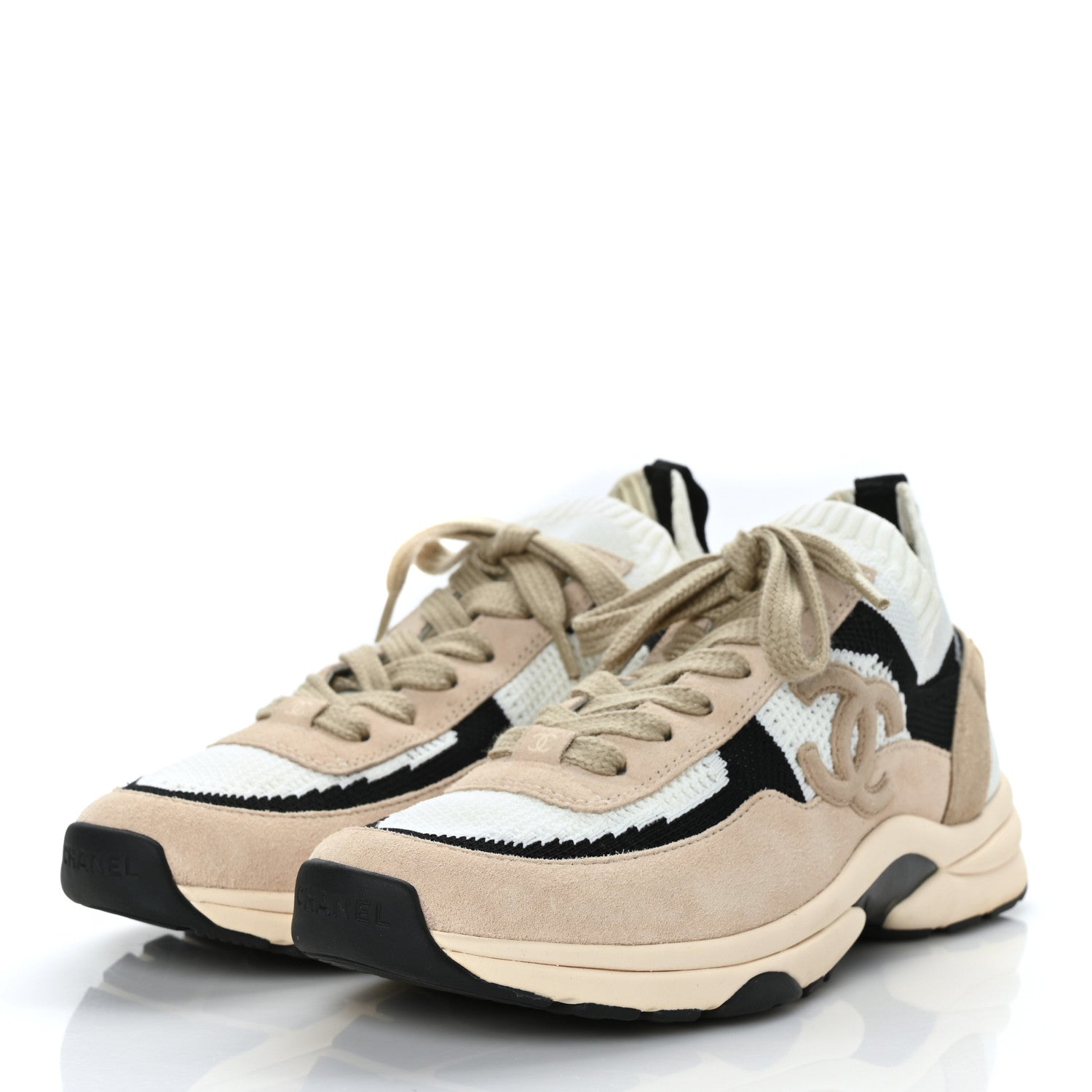 Chanel Mesh Suede Fabric Womens CC Sneakers 38 Light Pink White Black 2 of 8