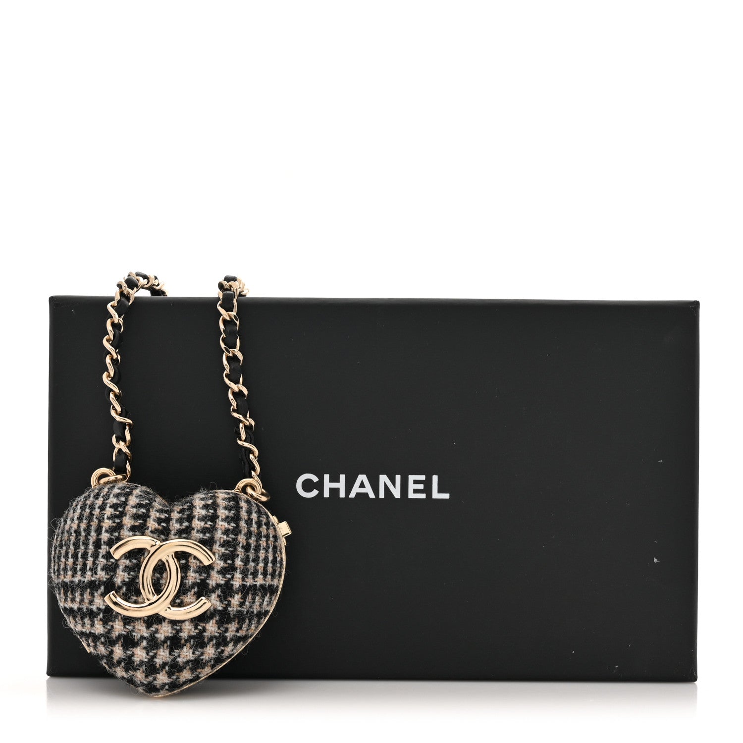 Chanel Tweed Lambskin CC Heart Locket Necklace Gold Black White 6 of 6
