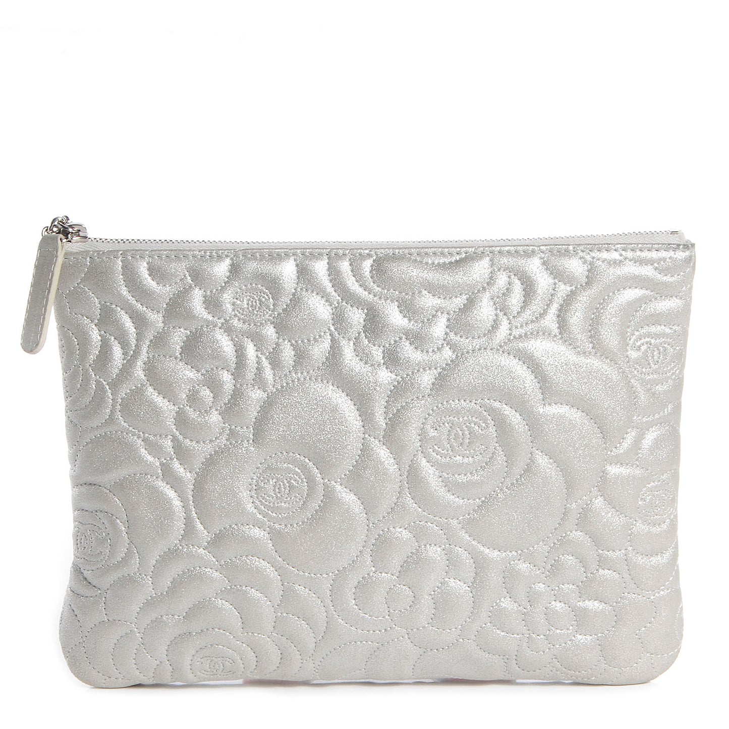 Goatskin Camellia Stitched Medium Cosmetic Case Silver