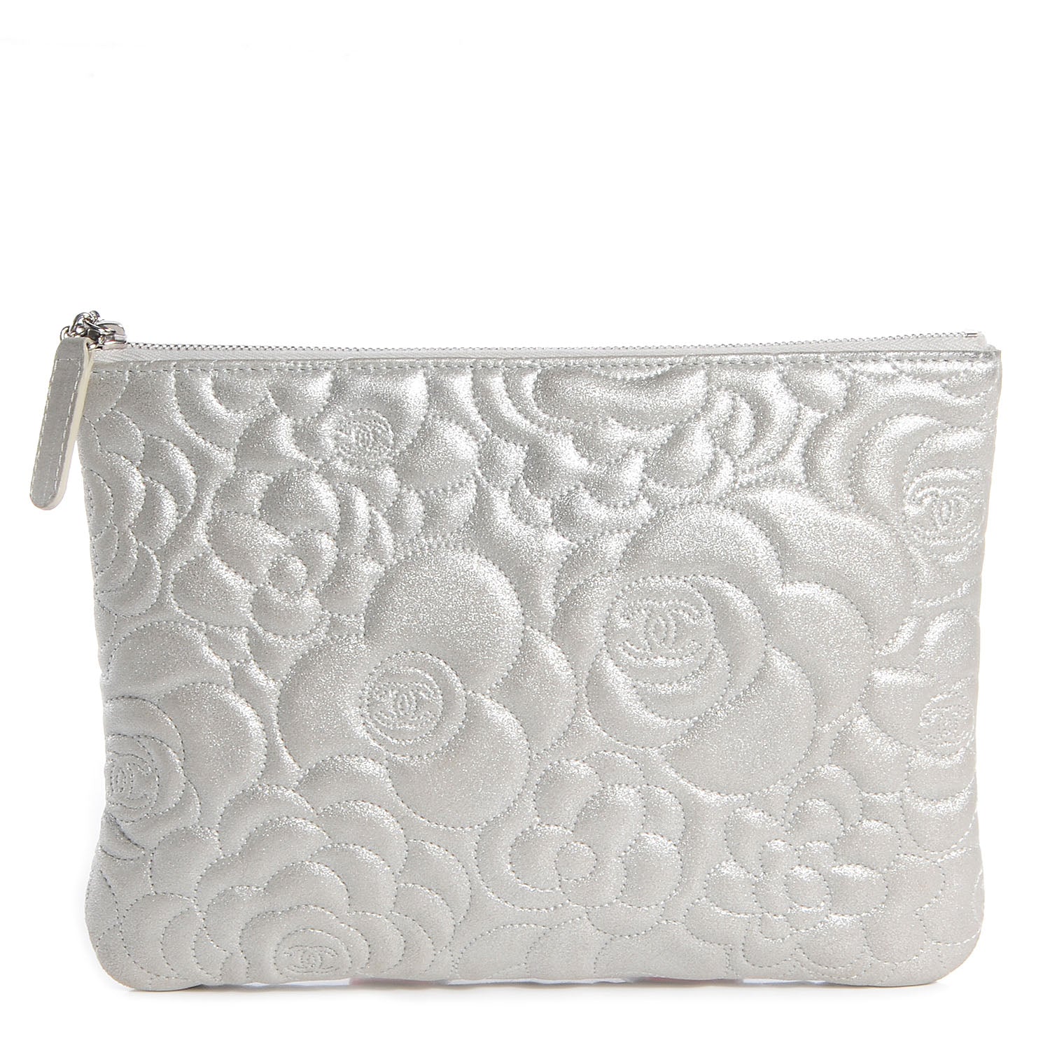 Chanel Goatskin Camellia Stitched Medium Cosmetic Case Silver 1 of 9