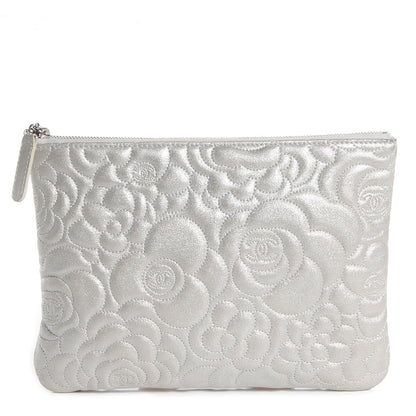 Chanel Goatskin Camellia Stitched Medium Cosmetic Case Silver 1 of 9