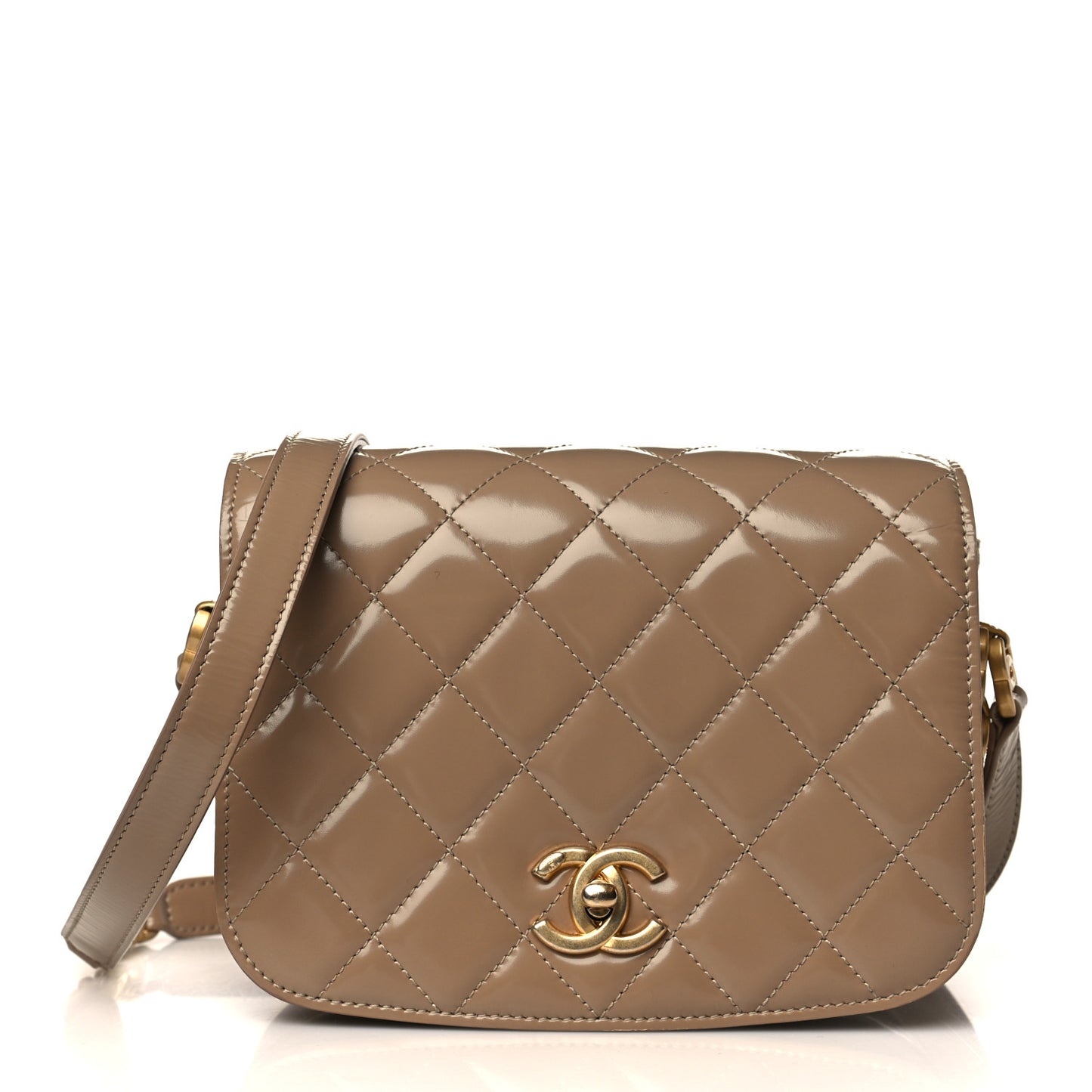 Shiny Calfskin Quilted Suede Goatskin Messenger Beige