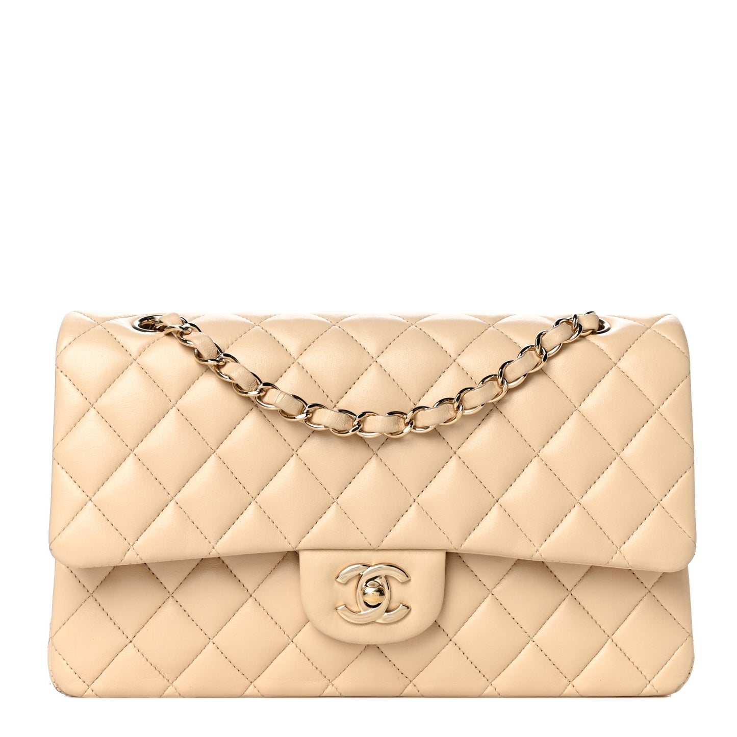 Lambskin Quilted Medium Double Flap Beige