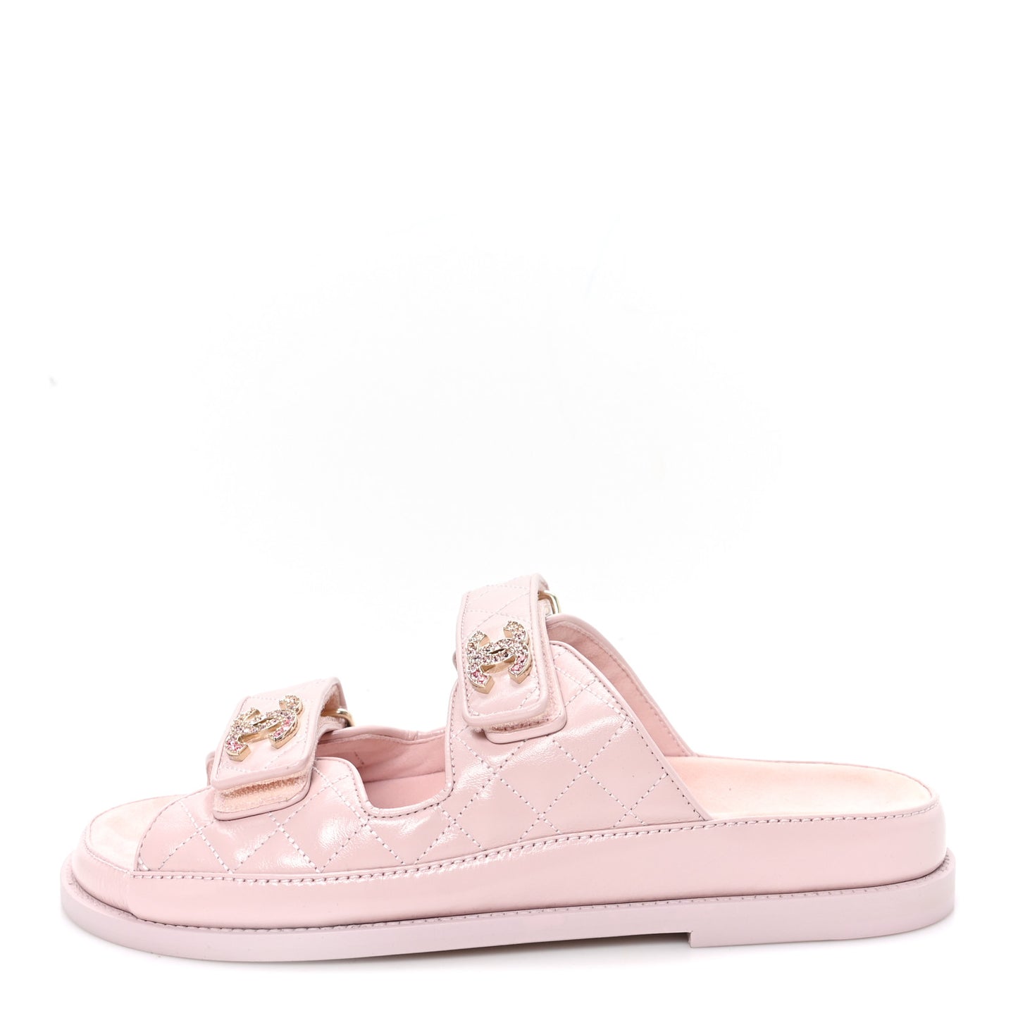 Shiny Calfskin Quilted Velcro Dad Crystal CC Slide Sandals 39 Light Pink