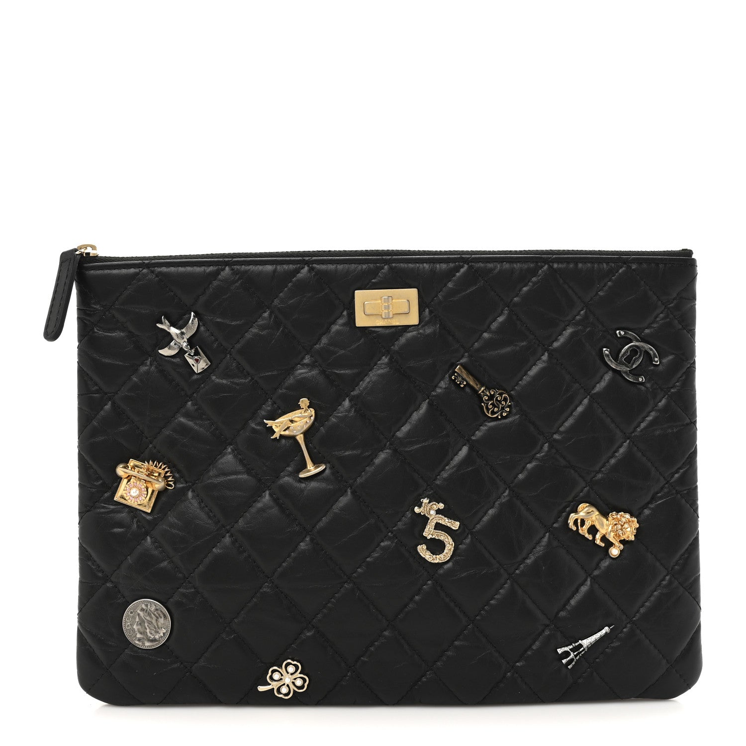 Chanel Aged Calfskin Lucky Charms Quilted Medium Reissue Cosmetic Case Black 1 of 7