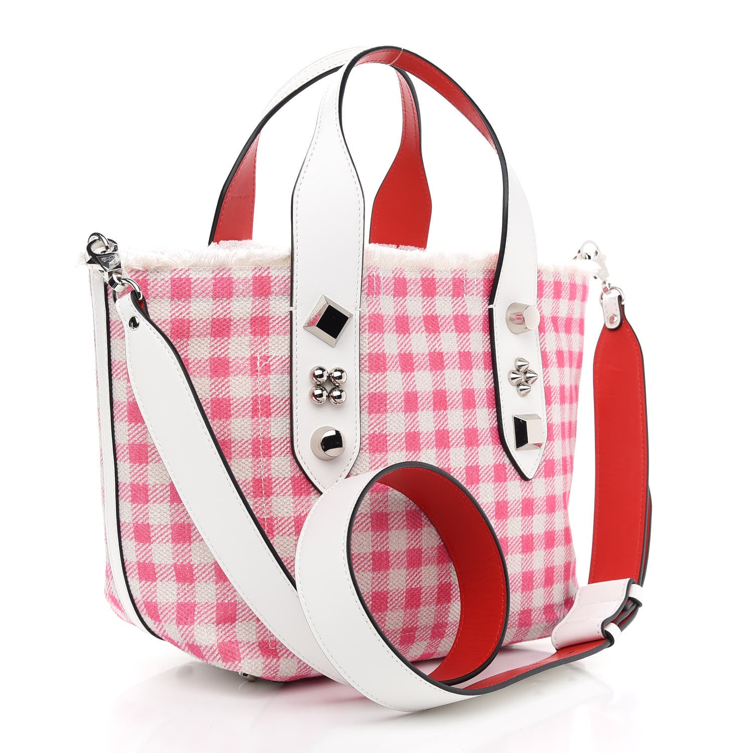 Christian Louboutin Canvas Gingham Printed Mini Frangibus Tote Pink White 3 of 9