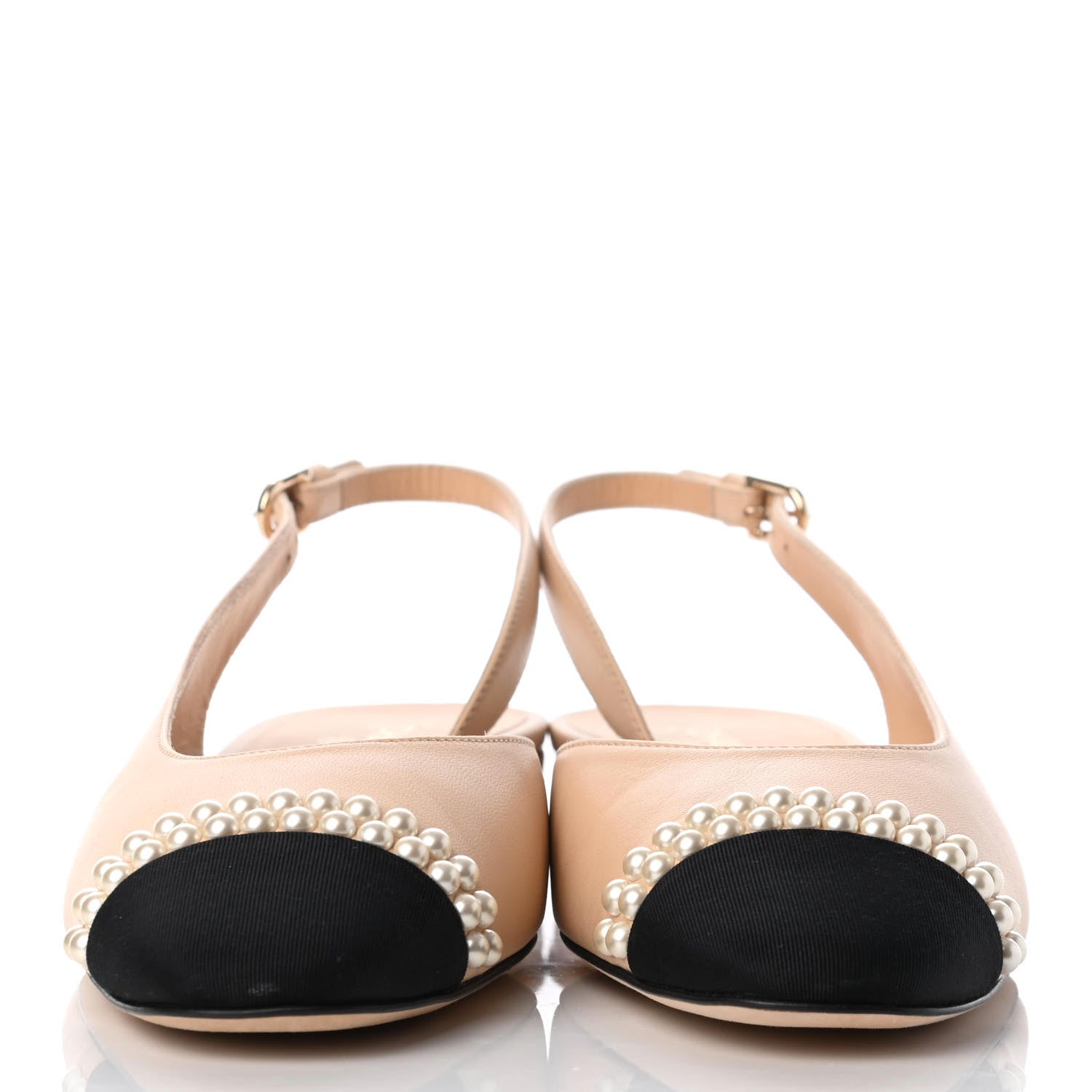 Chanel Lambskin Grosgrain Pearl Cap Toe CC Slingback Flats 37.5 Beige Black 3 of 20