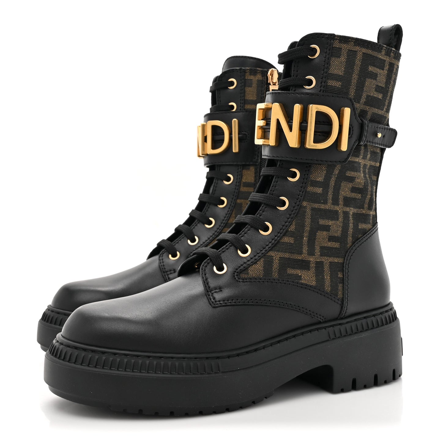 Vitello Fabric Jacquard FF Fendigraphy 50mm Biker Boots 38 Black Tobacco