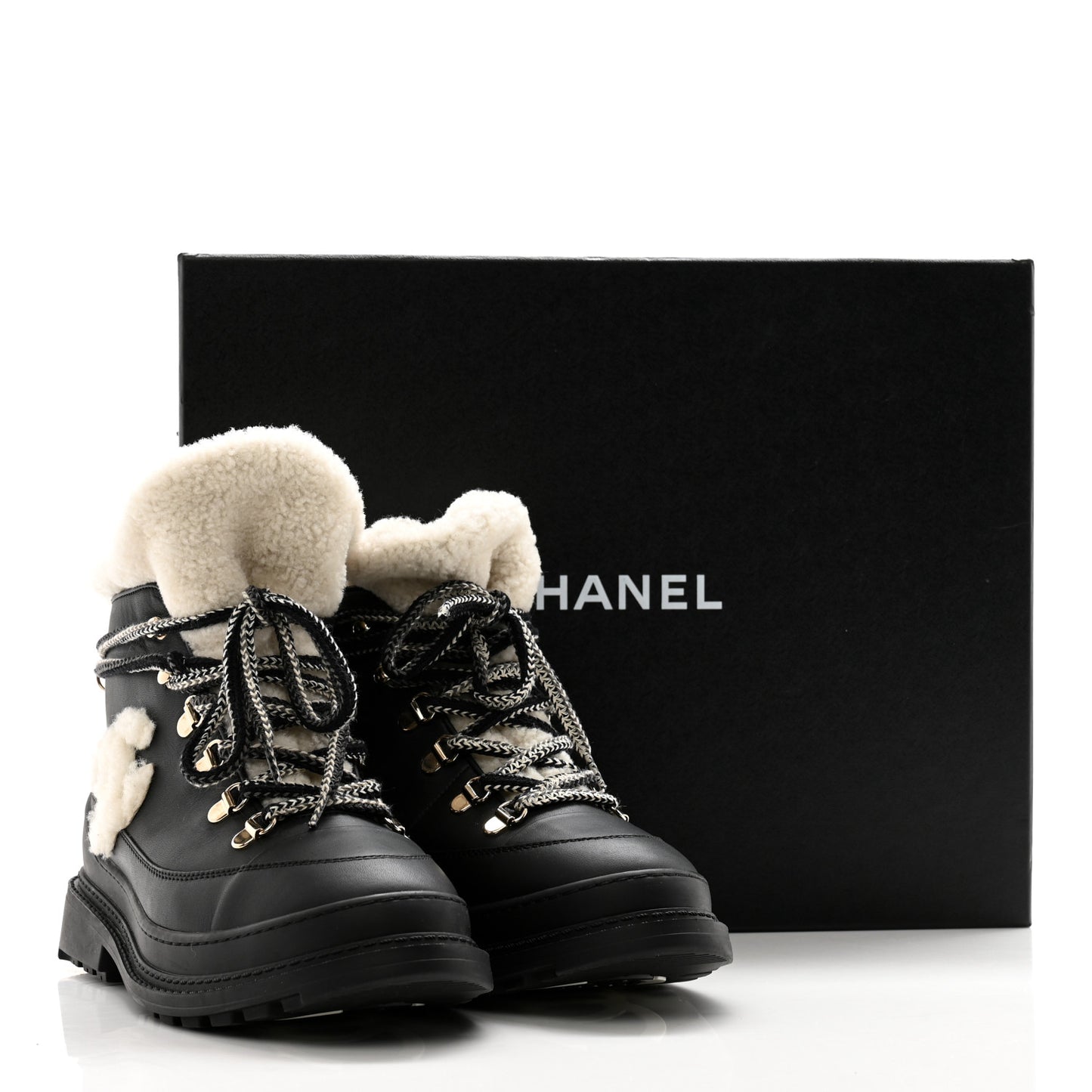Calfskin Shearling CC Lace Up Boots 36.5 Black