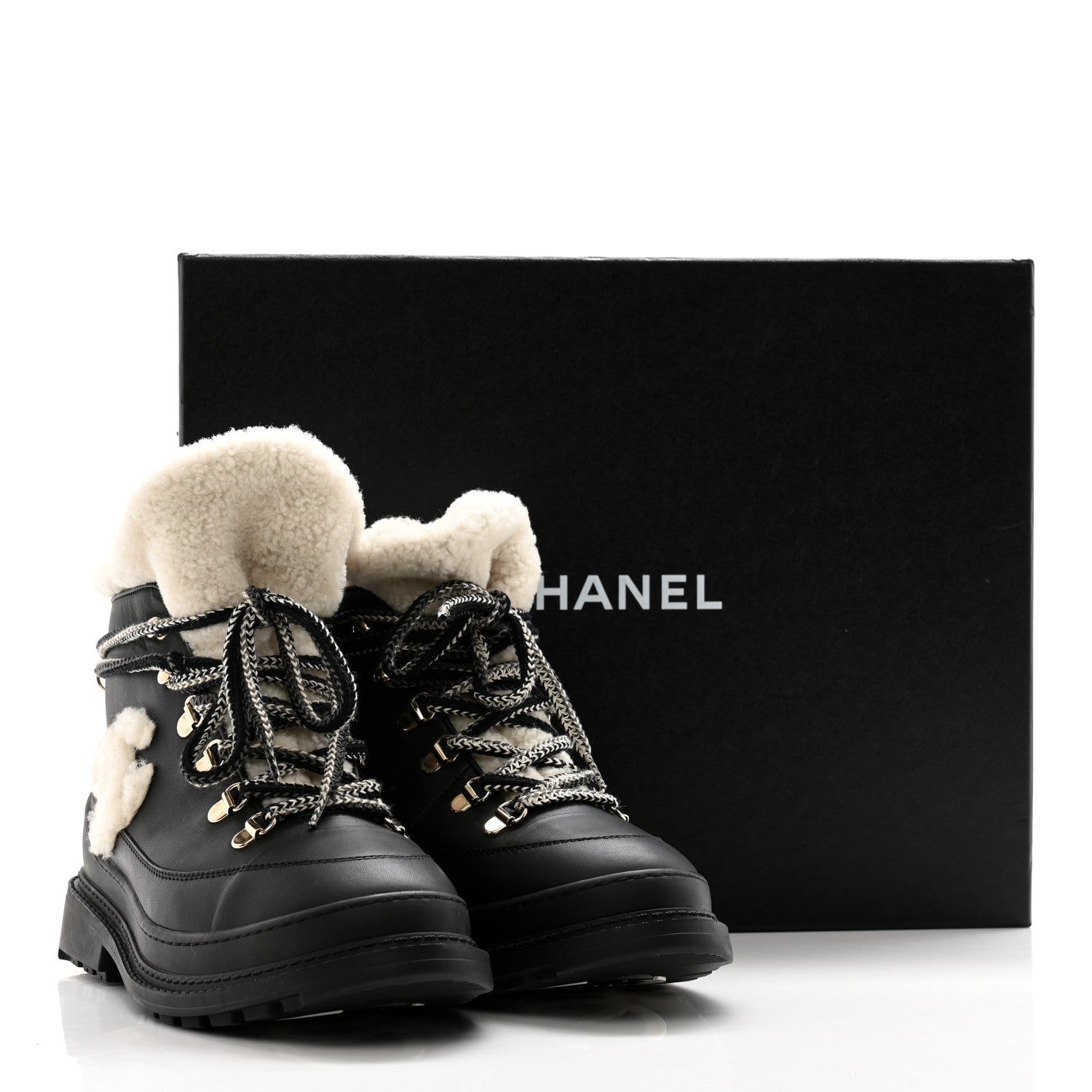 Chanel Calfskin Shearling CC Lace Up Boots 36.5 Black 11 of 11