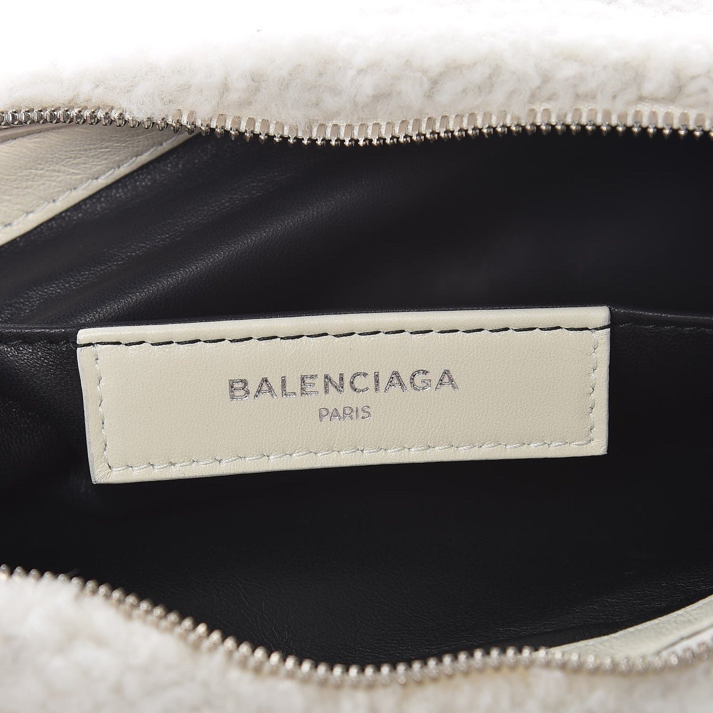 Sheepskin Shearling Contrasted Logo Large Zip Pouch White Black