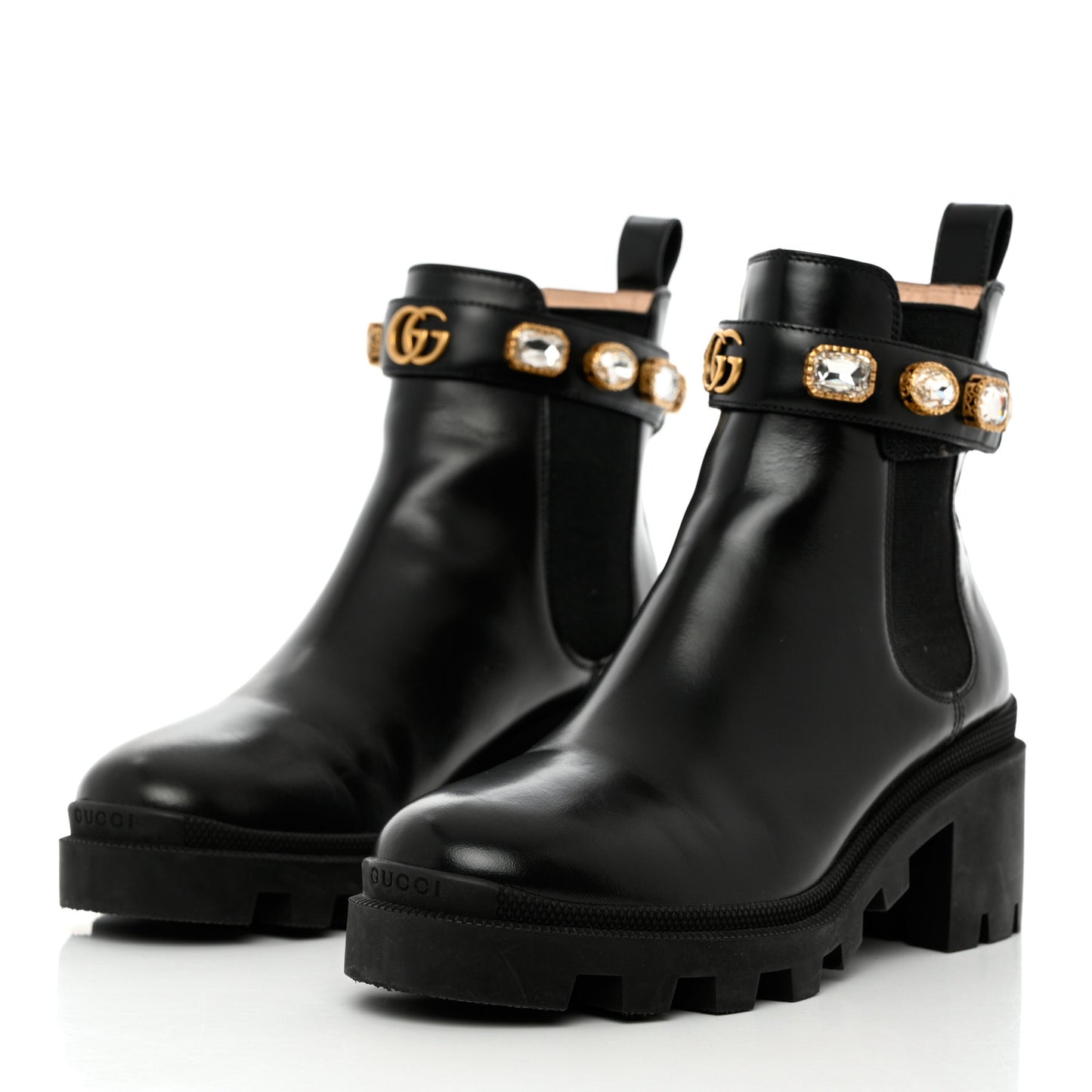 Calfskin Crystal GG Trip Chelsea Ankle Boots 39.5 Black