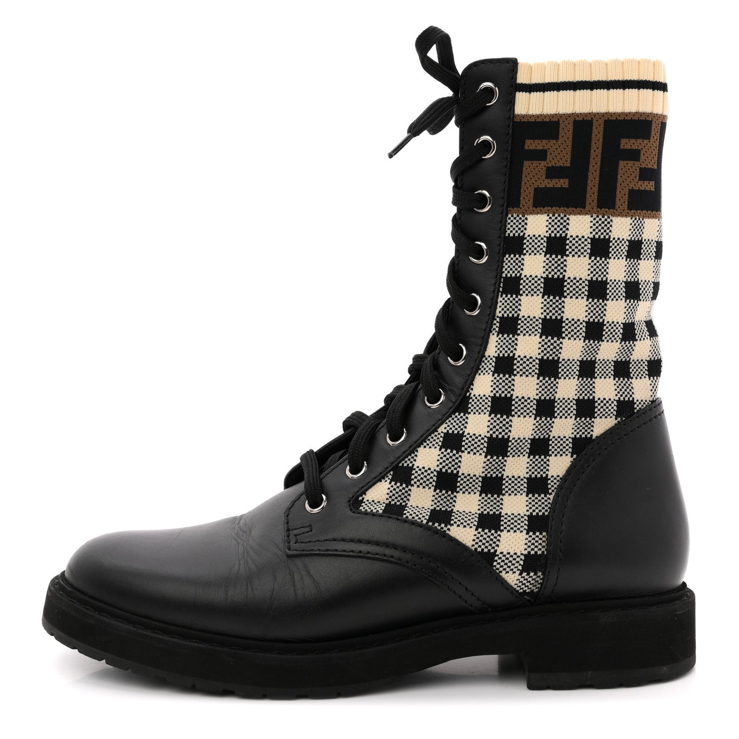 Vitello Stretch Fabric FF Vichy Rockoko Biker Boots 39 Black Crema Tobacco
