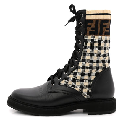 Fendi Vitello Stretch Fabric FF Vichy Rockoko Biker Boots 39 Black Crema Tobacco 1 of 13