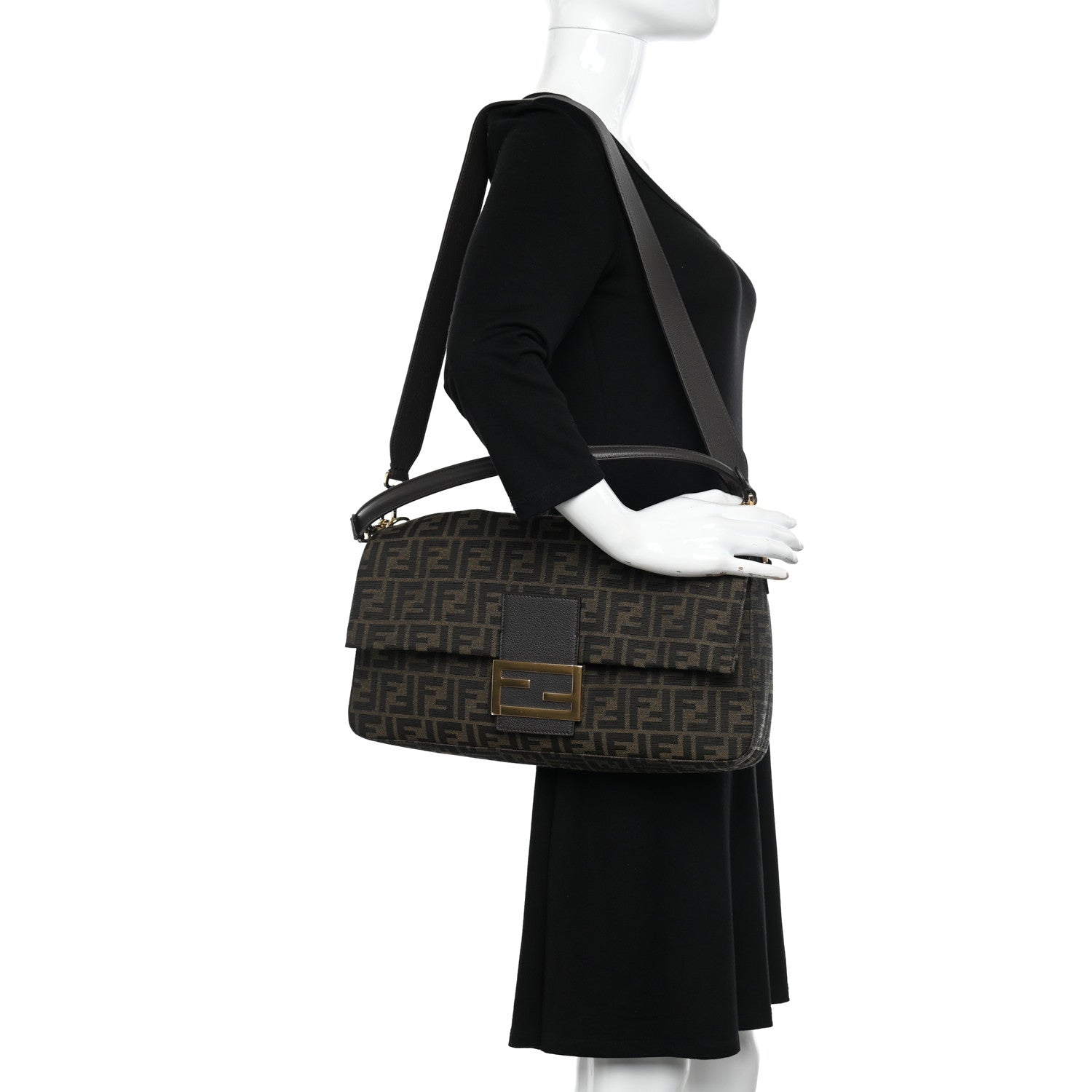 Fendi Fabric Jacquard FF 1974 Maxi Baguette Tobacco Moro Black 2 of 9