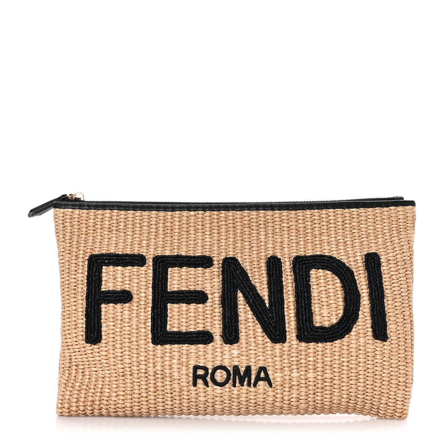 Straw Vitello King Logo Woven Medium Flat Pouch Paglia Black