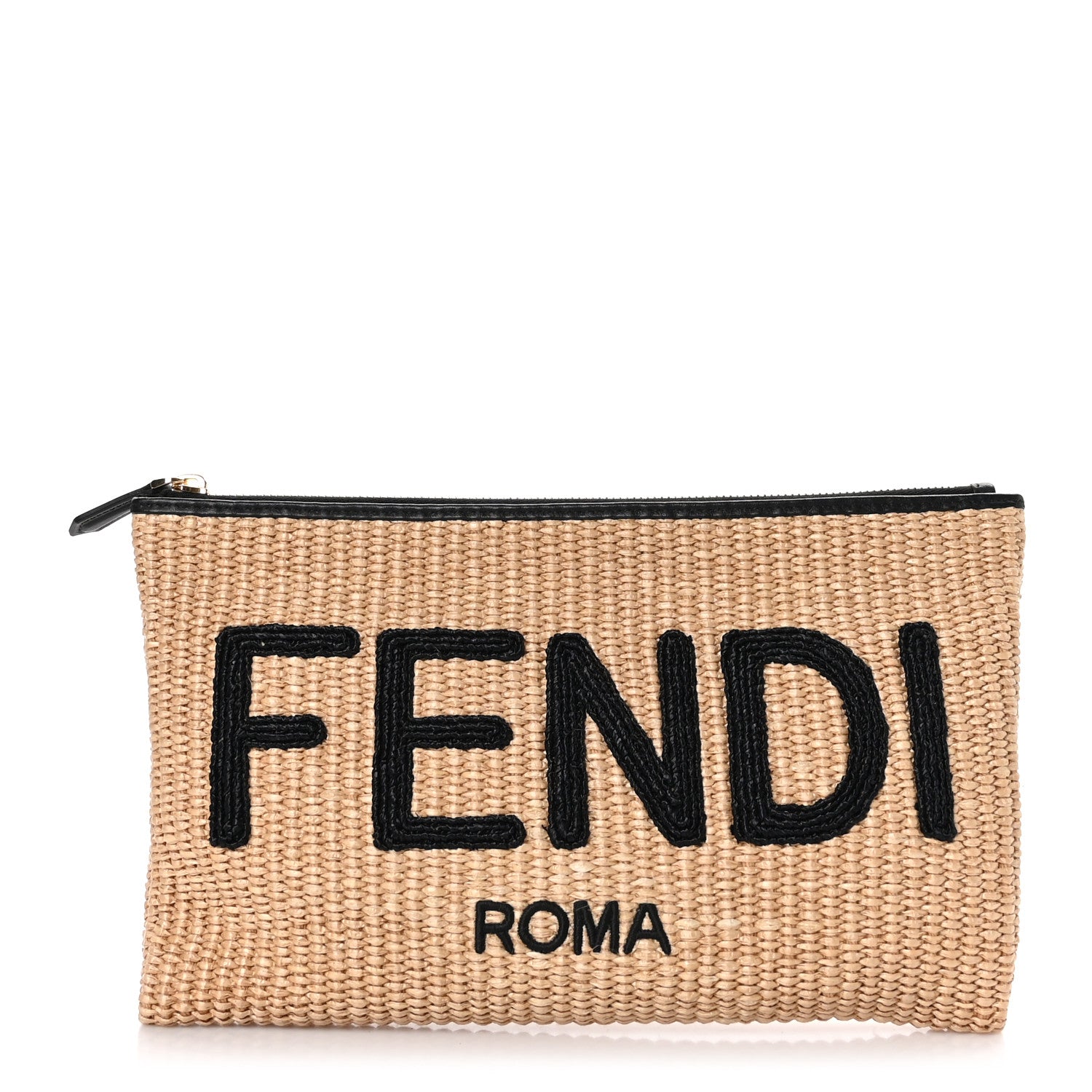 Fendi Straw Vitello King Logo Woven Medium Flat Pouch Paglia Black 1 of 6