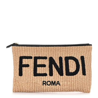 Fendi Straw Vitello King Logo Woven Medium Flat Pouch Paglia Black 1 of 6