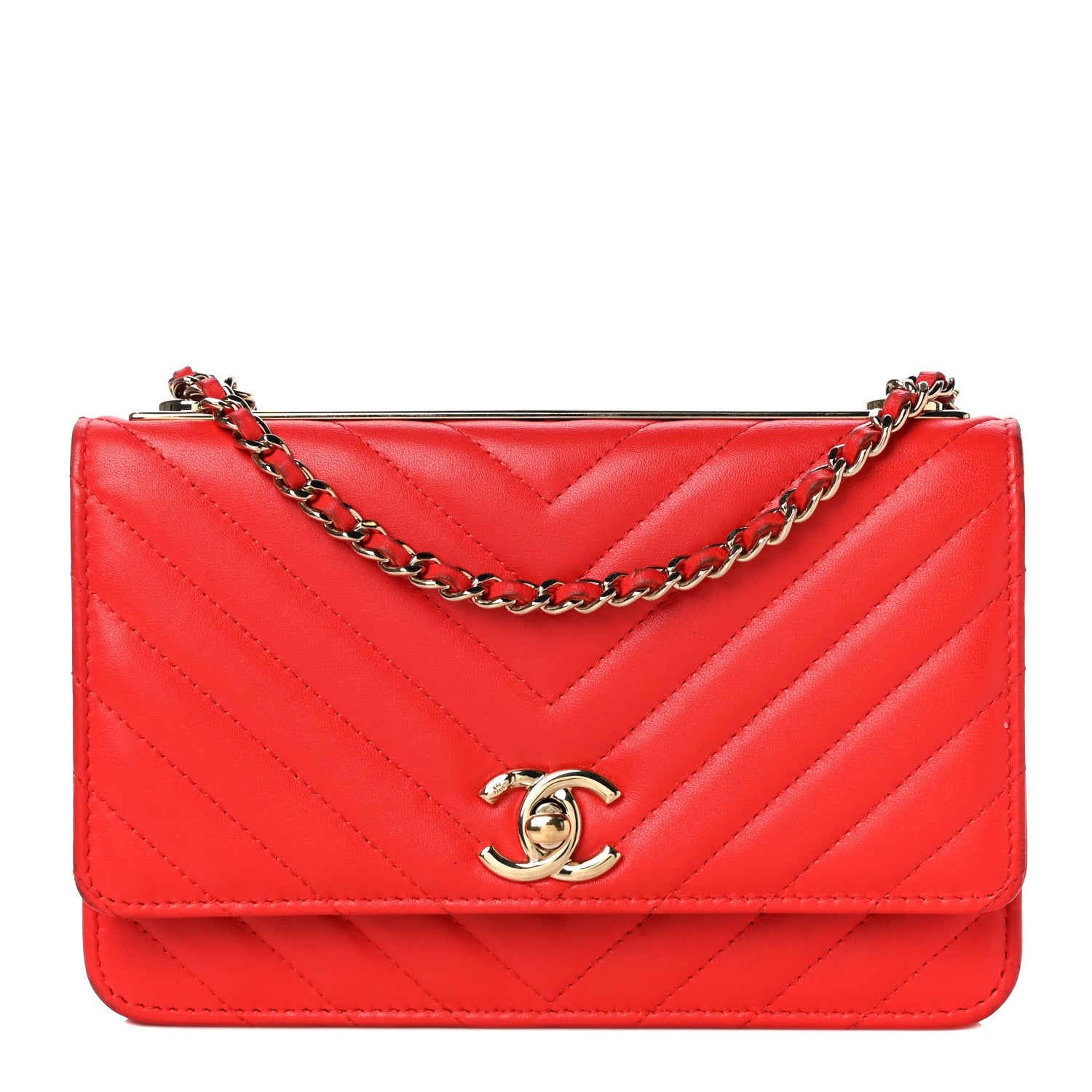Chanel Lambskin Chevron Quilted Trendy CC Wallet On Chain WOC Red 1 of 18