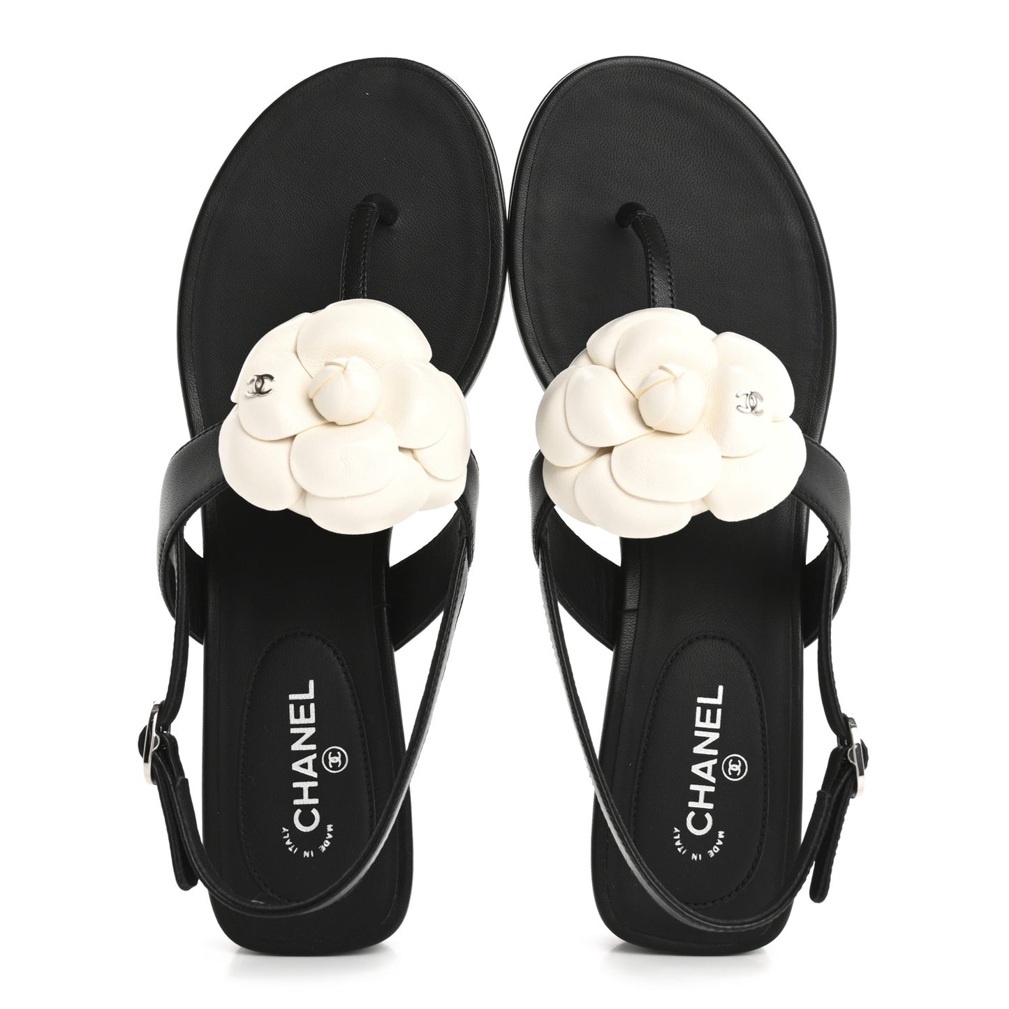 Lambskin Camellia Thong Sandals 38 Black White